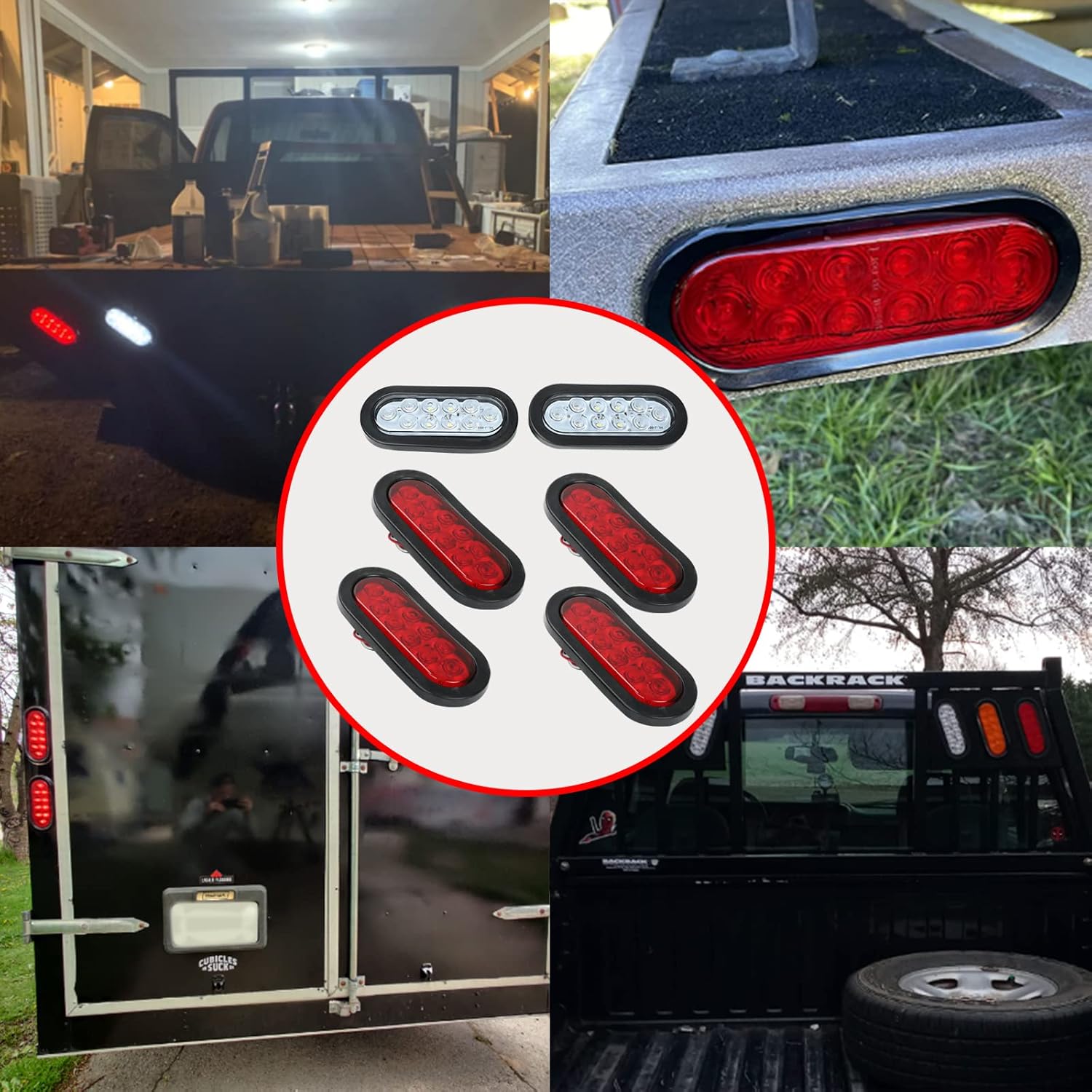 4 Red + 2 White 6" Oval LED Trailer Tail Light Kit,10-LED Stop Turn Brake Reverse Back UP Marker Tail Light for Trailer RV Truck Jeep Bus