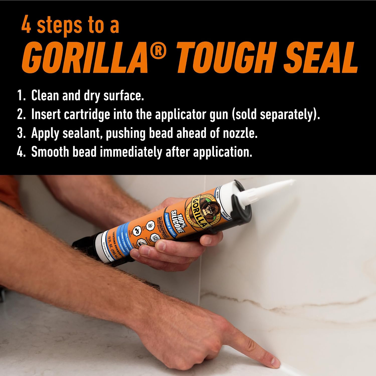 Gorilla 100% Silicone Sealant Caulk Window & Door, 10 Ounce Cartridge, White