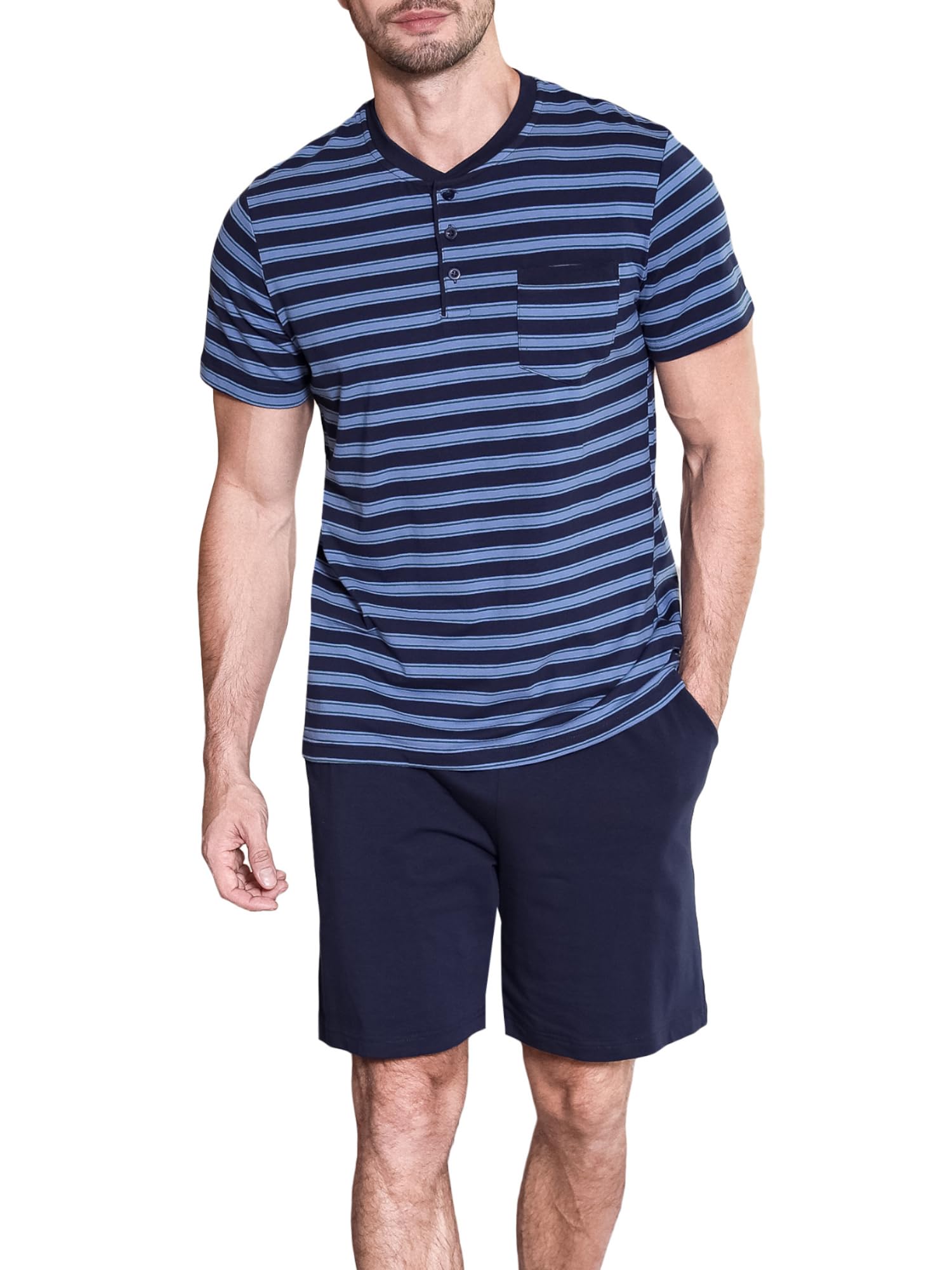 Winovia Herren Schlafanzug Kurz Baumwolle Pyjama Set Kurzarm Nightwear Set mit Knopfleiste und Streifen-Design