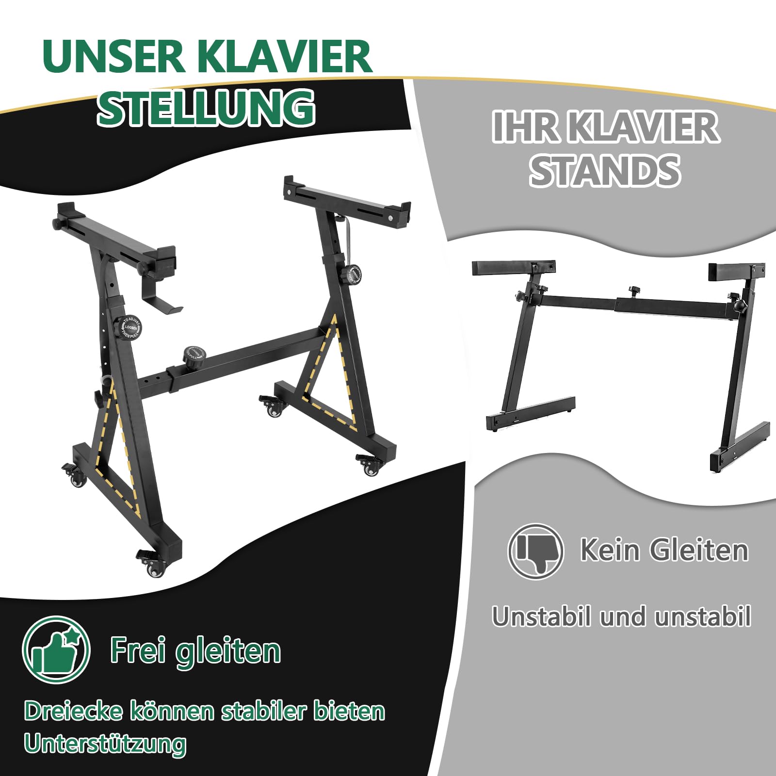 Keyboardständer, Z-Form Klavierständer, Robuster &Tragbarer Digitalpianoständer, Verstellbarer Klavierständer mit 4 Rollen & Kopfhörerhaken,Geeignet für Digitalpianos mit 54-88 Tasten, Schwarz