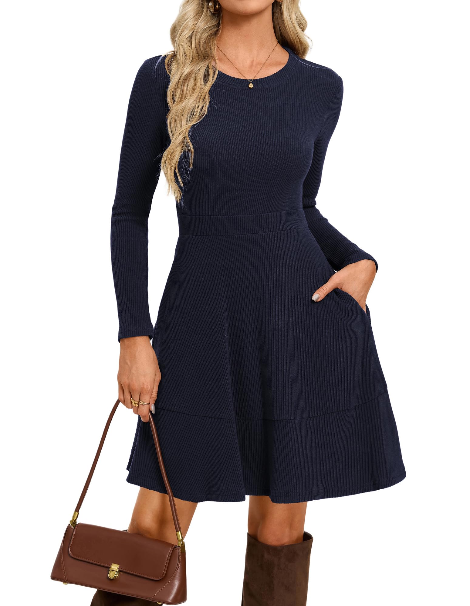 GRACE KARIN Damen Rippstrick Minikleid Langarm Herbst Freizeitkleid | Dehnbare Passform, Kuschelig warm, Leicht, Seitentaschen, Stufenrock, Western-Stil, Passt perfekt zu Stiefeln