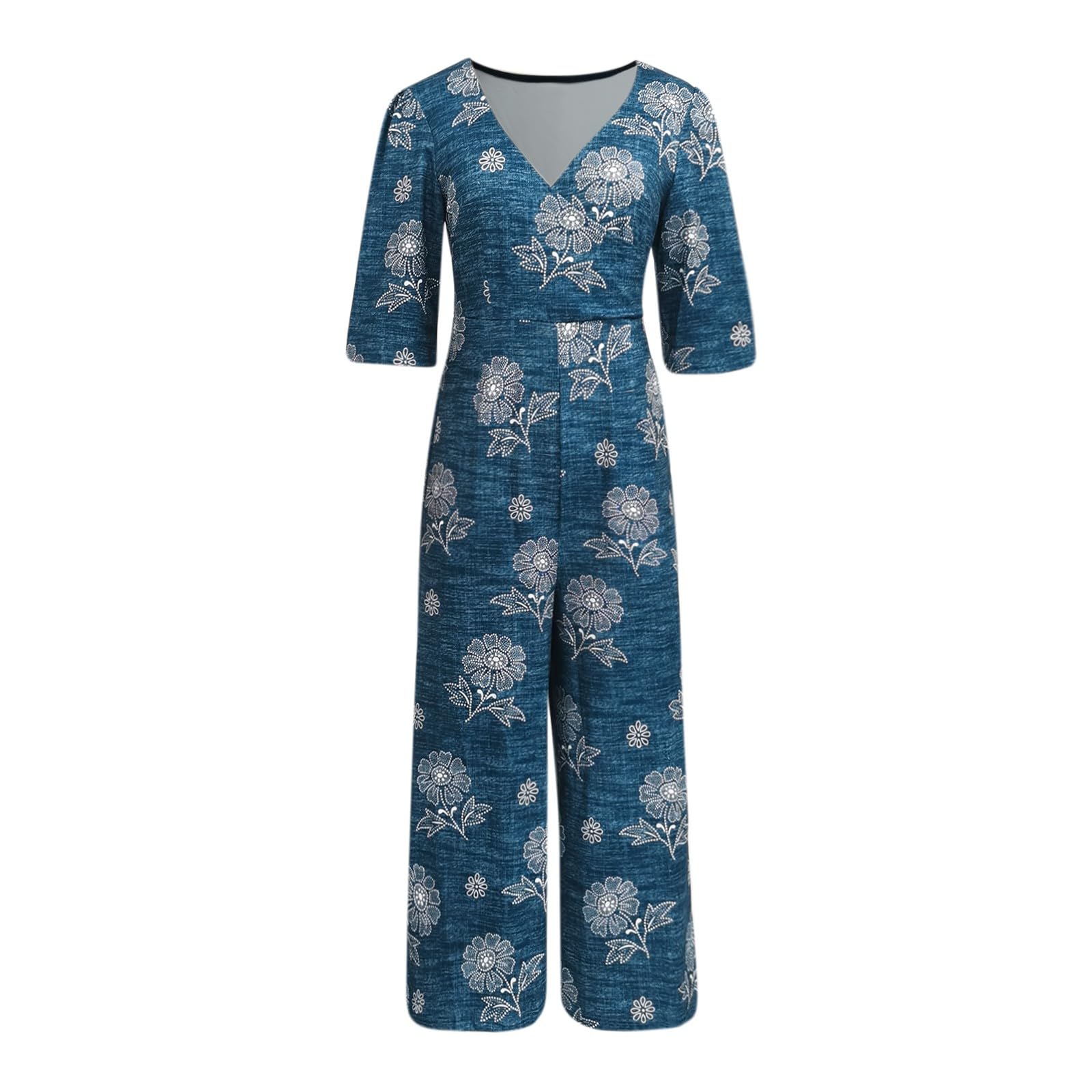 Damen Jumpsuit Boho Style V-Ausschnitt Halbarm Bequeme Freizeit Overalls Weite Hose Mit Tasche Elegante Einteiler Sommer