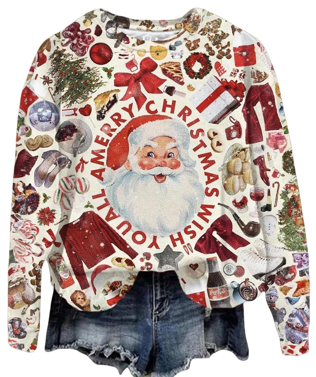 Huovud Vintage Christmas Shirts for Women Long Sleeve Vintage Santa Claus Shirts Fashion Christmas Holiday Tops