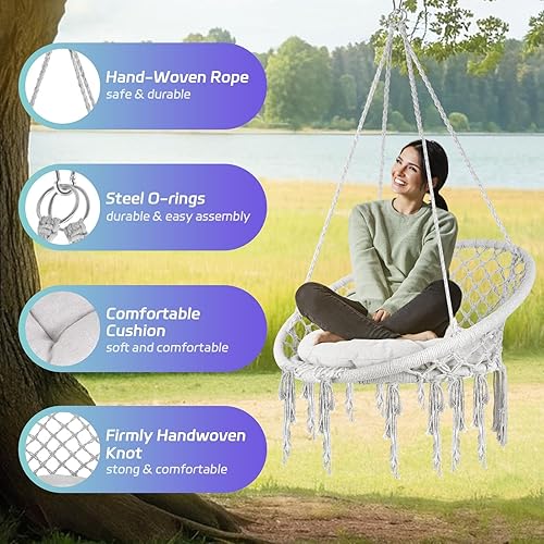 Miniatura 5 de 31.5 * 15.7in Hammock Chair Macrame Swing, 360lbs Max Capacity Bohemian Style Hammock Swing Chair with Tassels, Porch Swing Chair Handmade Knitted