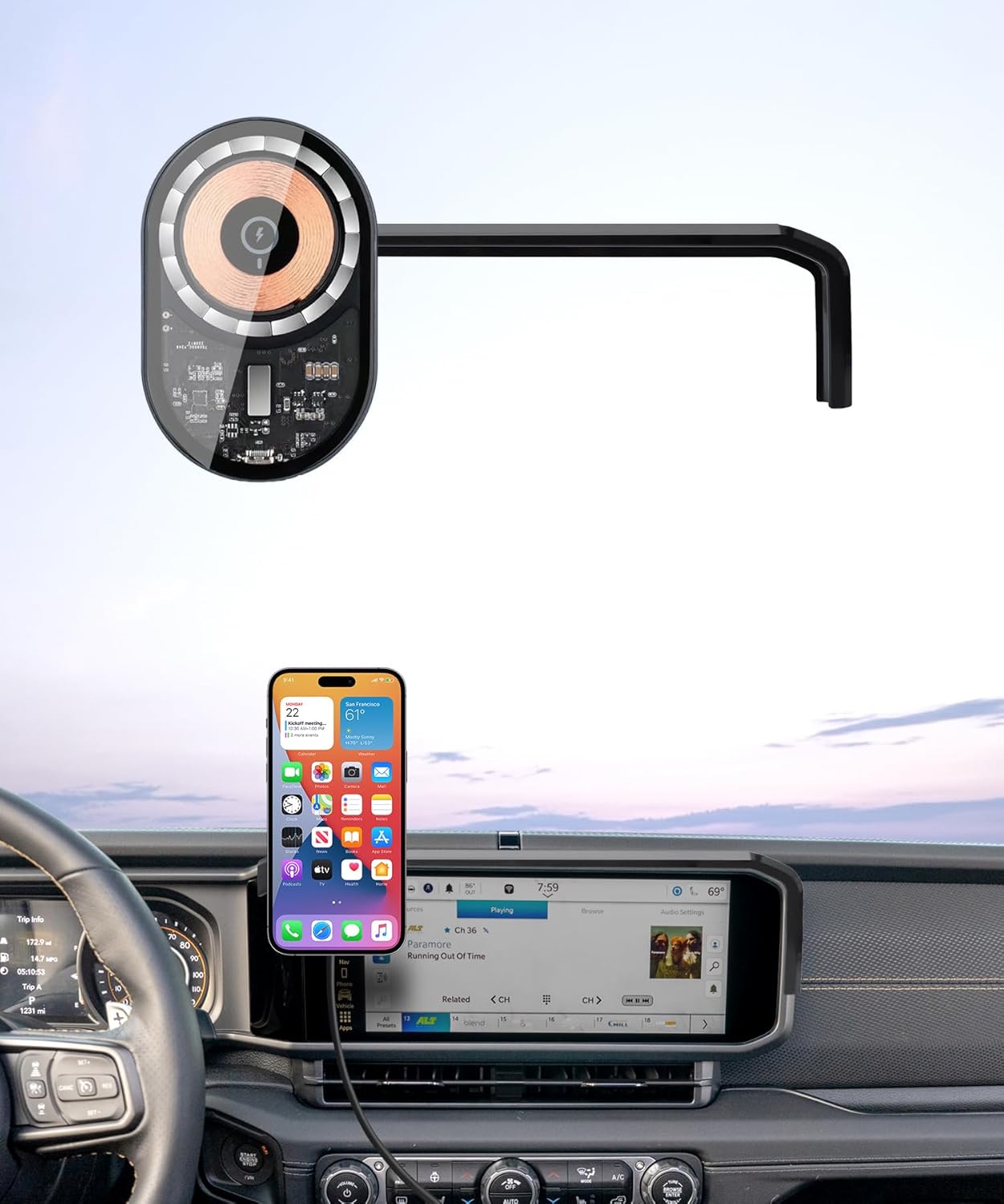 Wireless Charging car Phone Holder for Jeep Wrangler/Wrangler 4xe / Gladiator 2024 2025 2026 Accessories 12.3 inch Screen Fixed Clip,360° Rotation car Phone Mount Compatible with MagSafe