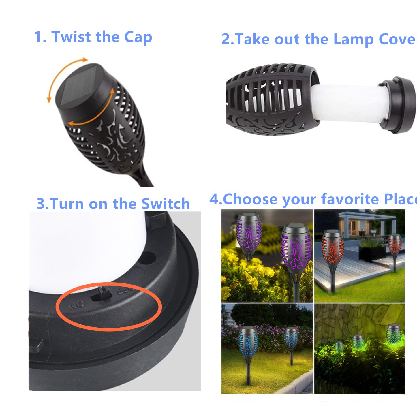 Waterpoorf - Torcia a LED a energia solare, per esterni, con fiamma tremolante, per decorazione del giardino, confezione da 6, con accensione automatica e spegnimento automatico, per patio