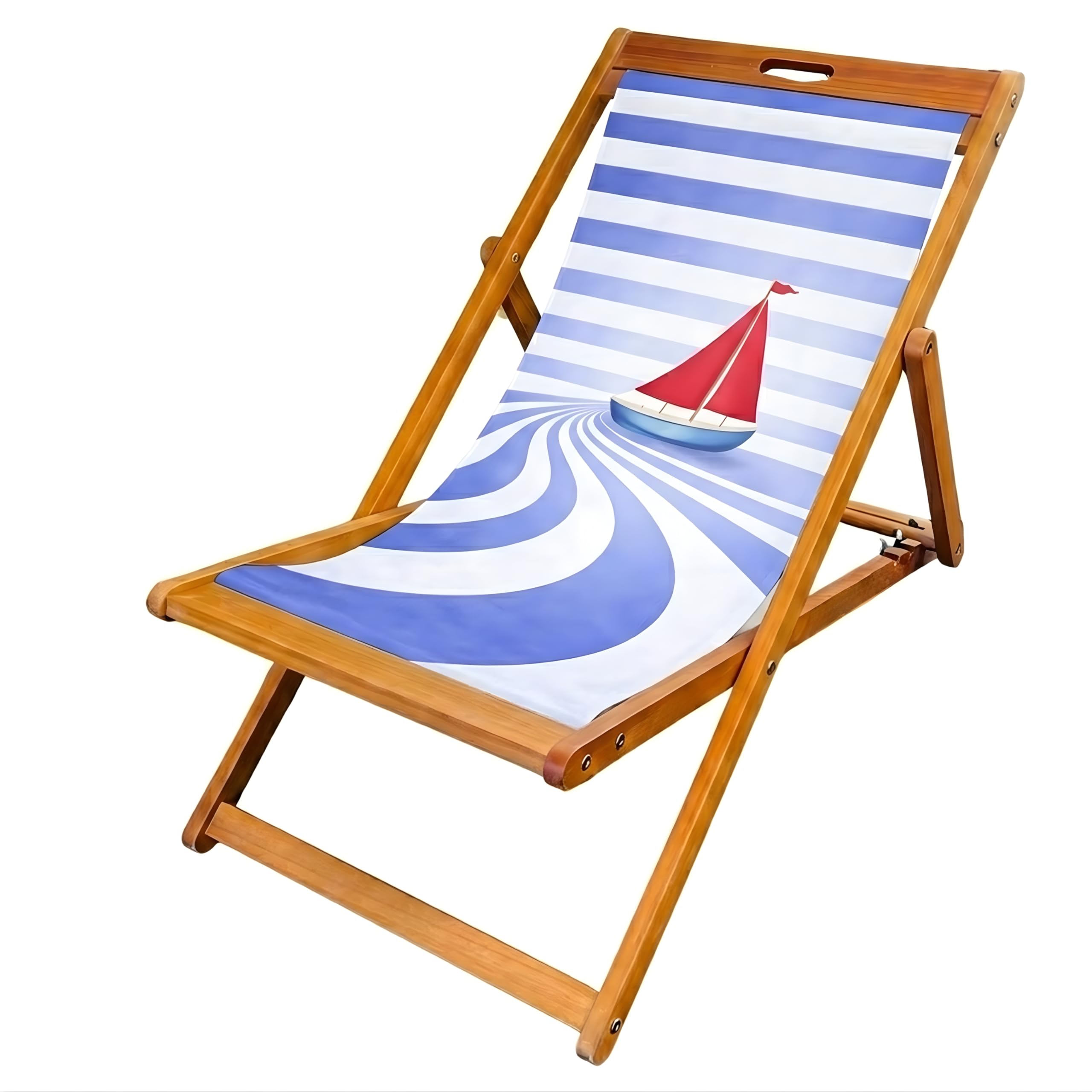 Lister Cartwright Wooden Folding Deck Chair with Fabric Sling – Adjustable Reclining Garden Chair, Beach Chair, Patio Lounger, Outdoor Seating(Blue Sailboat)