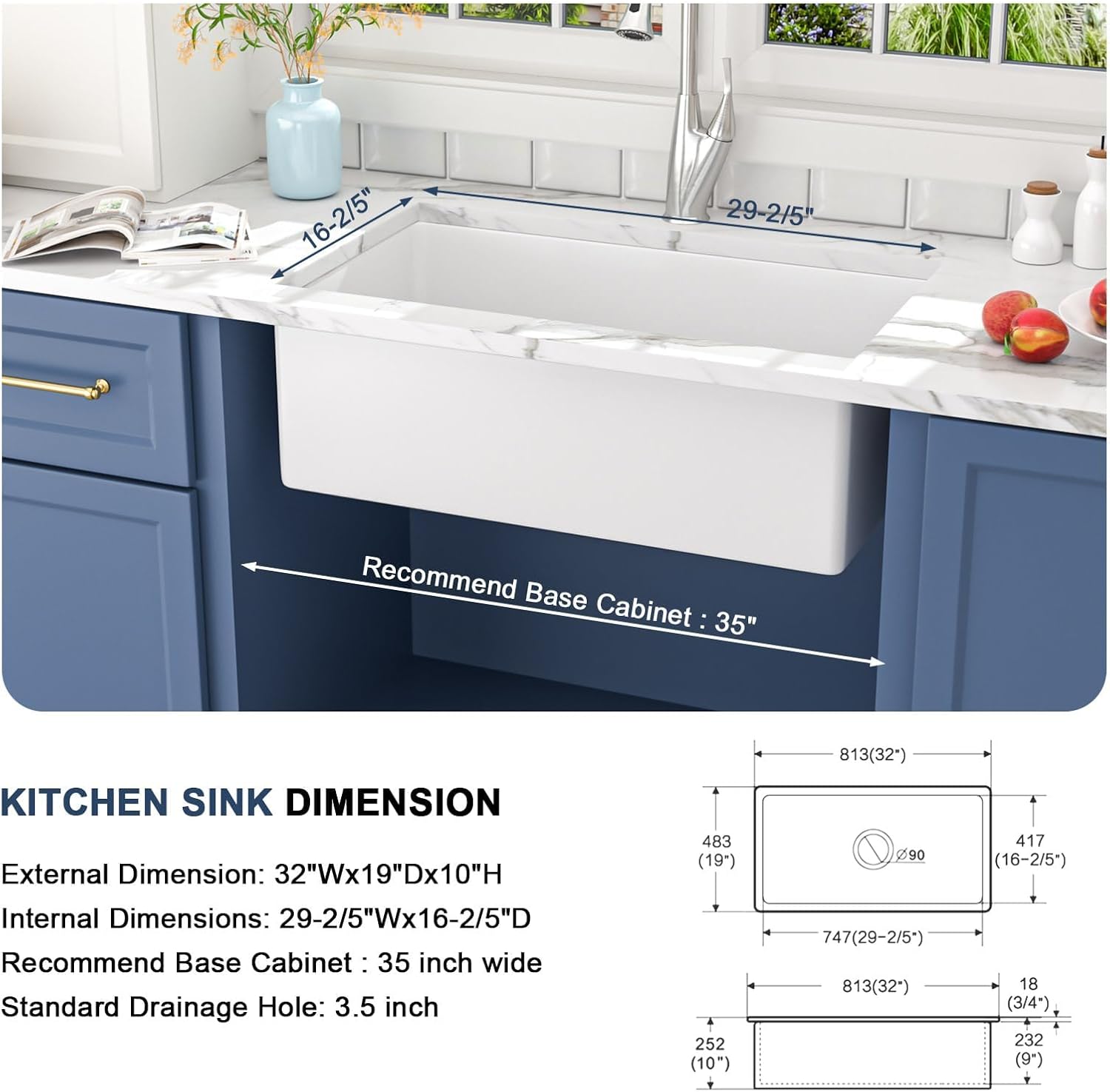 Lordear Undermount Kitchen Sink 32 Inch White Fireclay Porcelain Ceramic Sink Single Bowl Deep 32x19x10 Inch