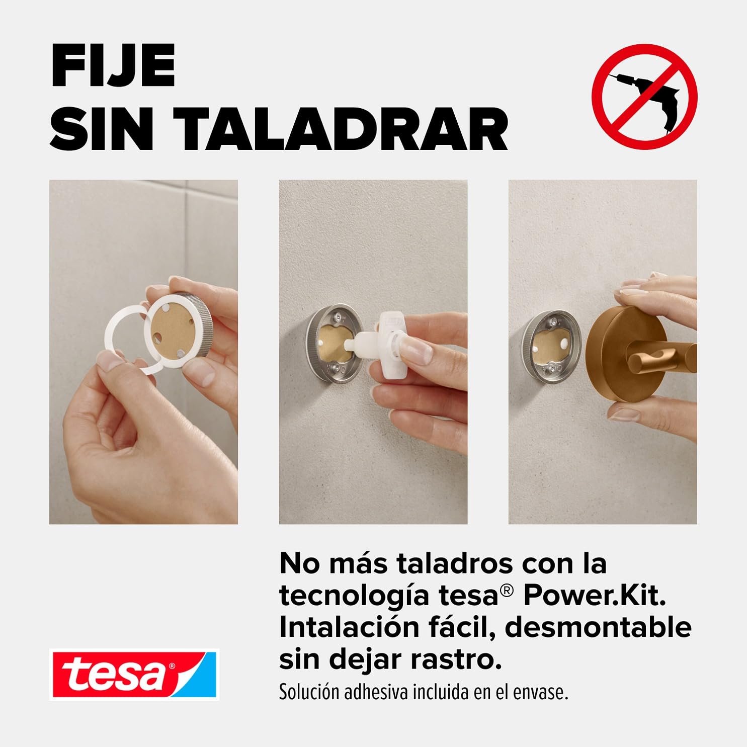 tesa MOON Cesta de Ducha Autoadhesiva - Canasta de 1 Nivel, Extra Profunda, de Metal Revestido de PVD, Cepillada en Bronce - sin Taladrar, Incluye Solución Adhesiva - 92 mm x 250 mm x 125 mm