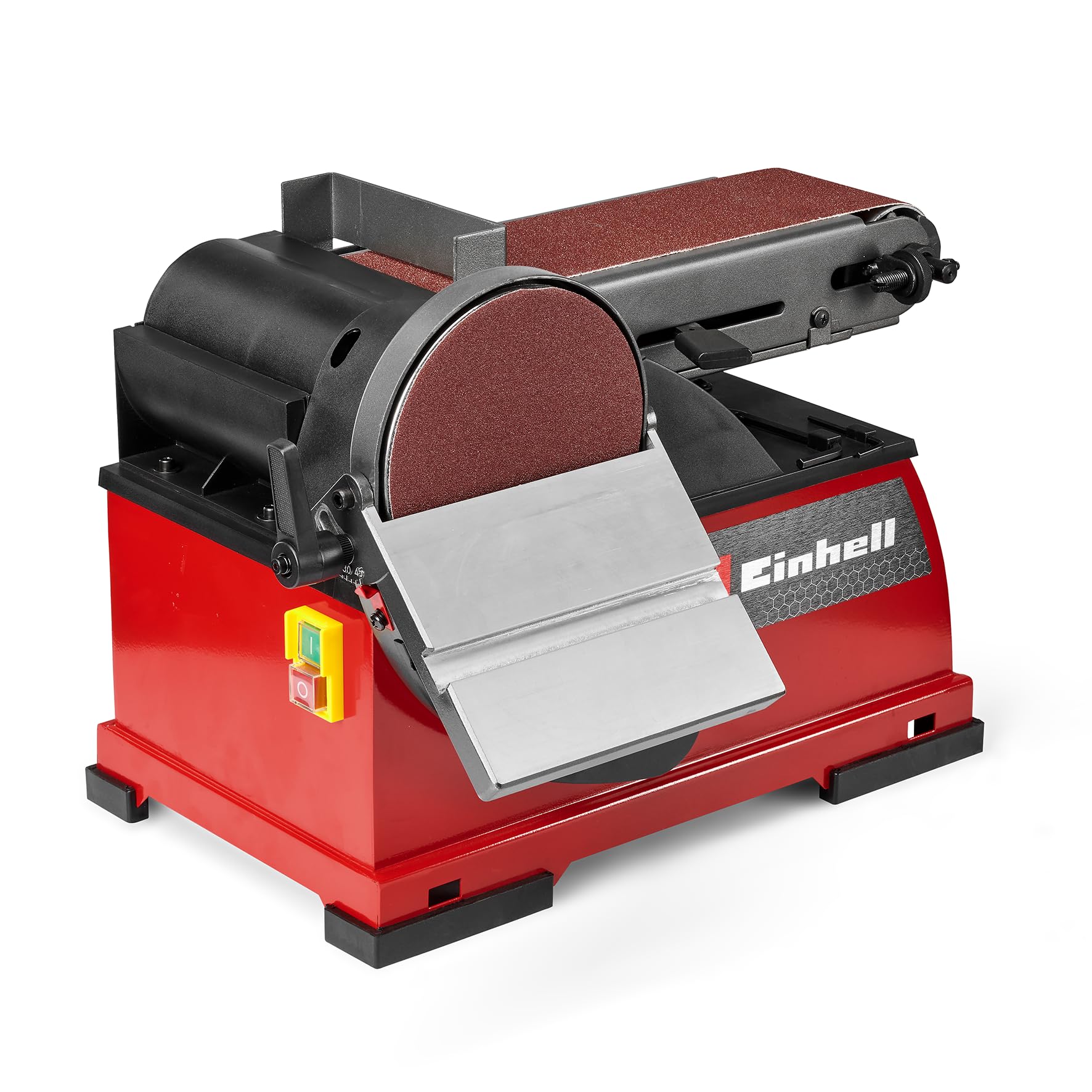 Ponceuse stationnaire à bande et à disque Einhell TE-US 400 (400 W, plateau de ponçage Ø 150 mm, bande abrasive 100 x 914 mm, vitesse max. de la bande 348 m/min, accessoires inclus)