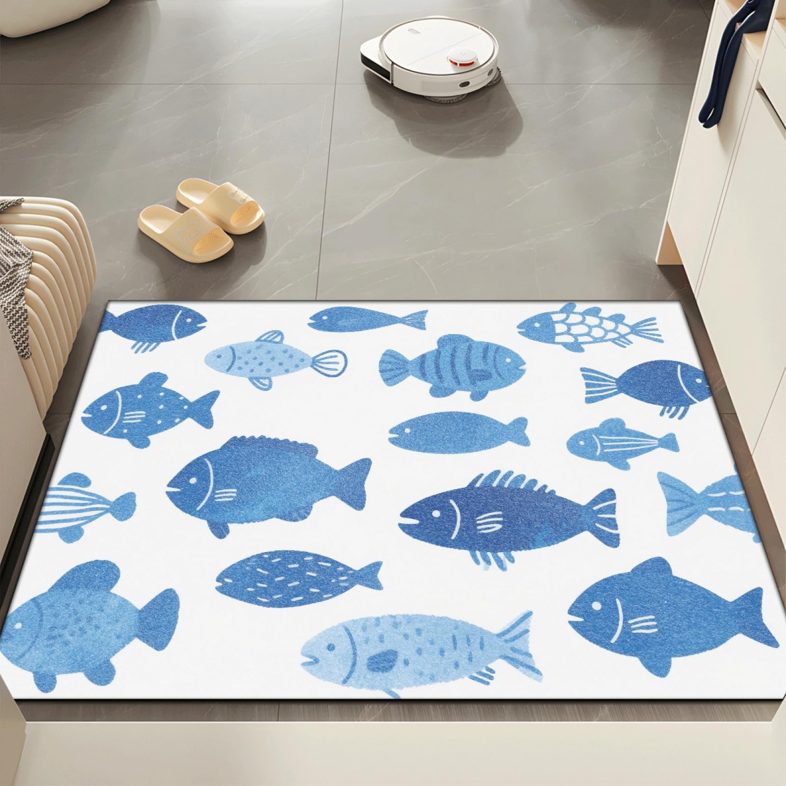 Fussmatte Innen 80x120 cm Retro Blauer Fisch Fussmatte Aussen rutschfeste für Hund Eingang Badematte Waschbar Schmutzfangmatte Strapazierfähige und Langlebige Fussmatten Haustür