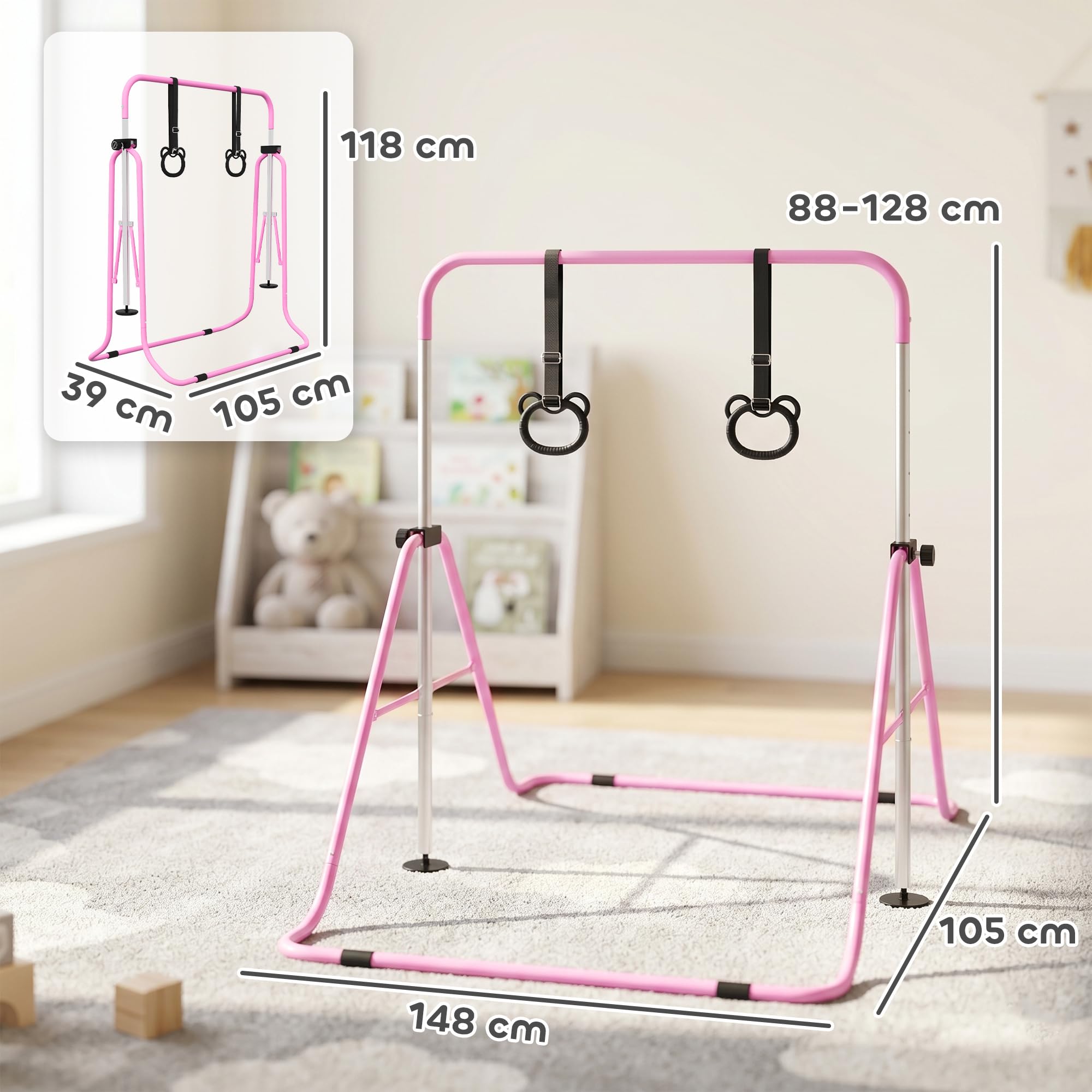 HOMCOM Barra de Gimnasia Plegable para Niños con Altura Ajustable 5 Niveles y Anillos