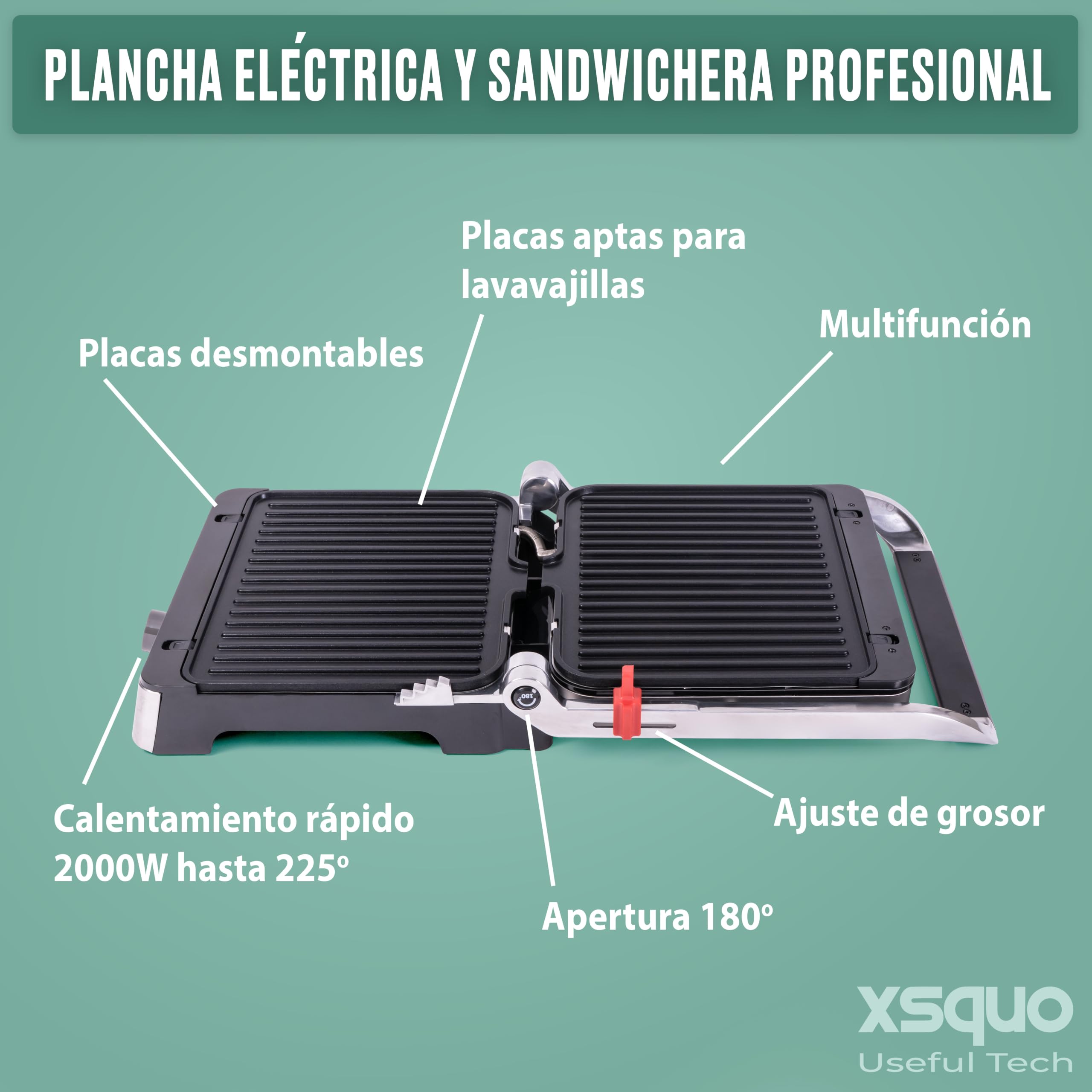 Parrila Electrica Grill 3 en 1 Sandwichera Antiadherente para Barbacoa Paninis Verduras Pescado Ajustable - Tostadora de Pan con Placas Desmontables Lavables 2000w Temperatura Regulable