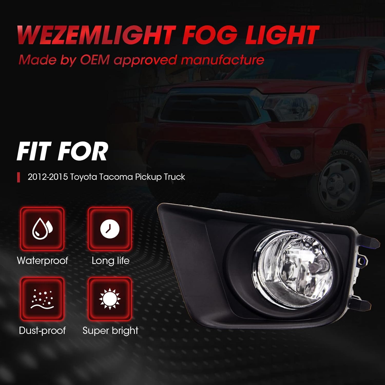 Fog Lights Assembly Compatible With Toyota Tacoma 2012-2015 Pickup Truck With H11 12V 55W Halogen Bulbs(Clear Lens)