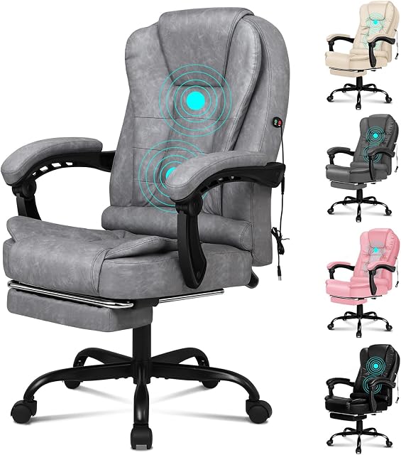 ELFORDSON Office Chair Massage with Footrest for Home Office, Desk Chair High Back 150° Recliner Tilt Function Padded Swivel Upgraded Pull-up PU Leather, Grey