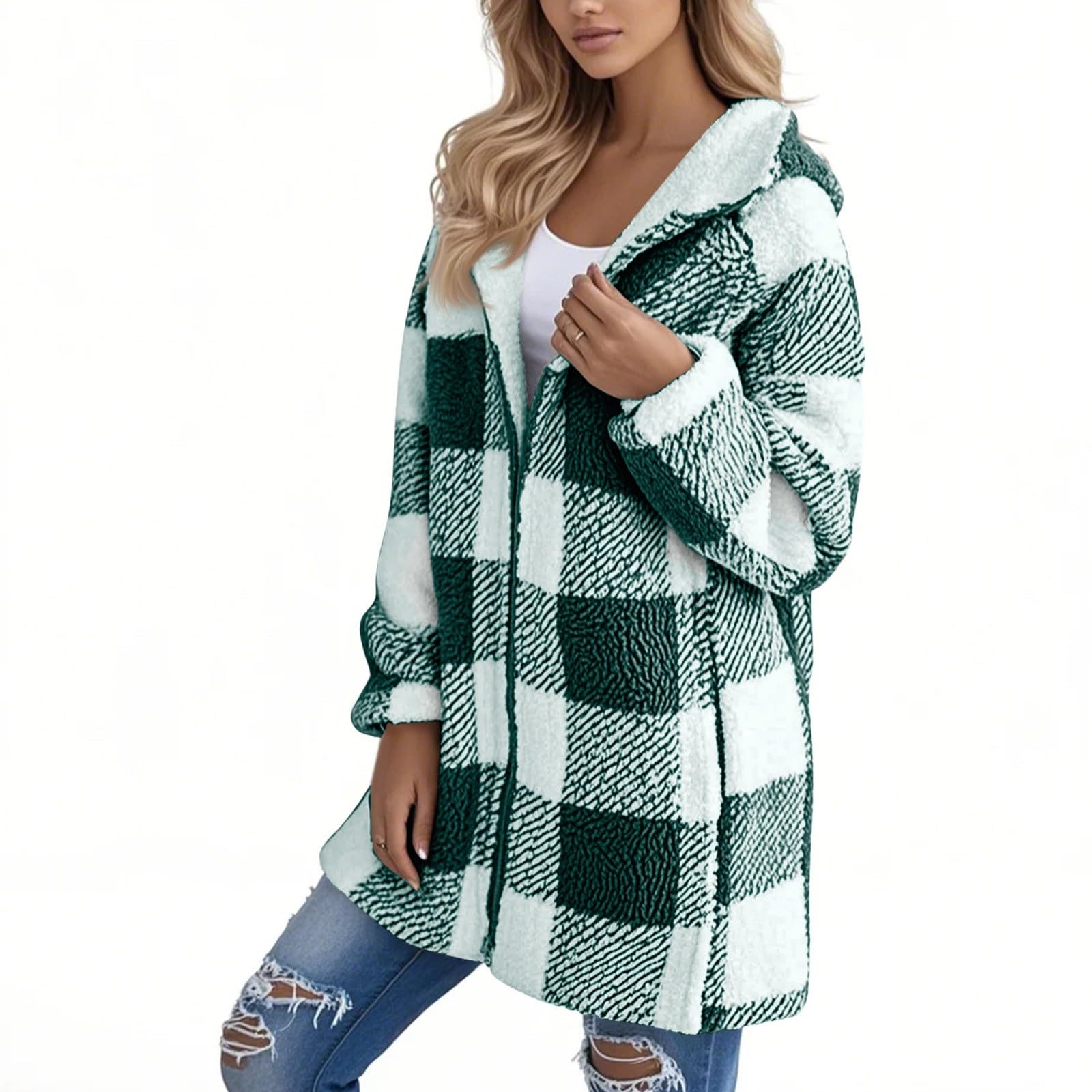 Teddyjacke Damen Mit Kapuze Winterjacke Kariert Plüschjacke Flauschig