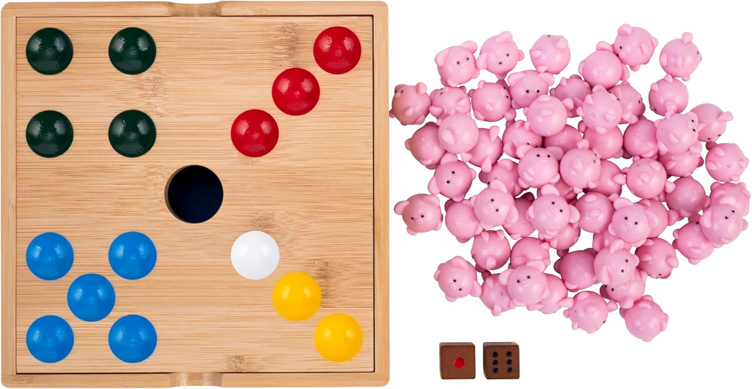 Engelhart -350444 – Piggy Hole Game – Family Board Game in Bamboo Wood – Box of 60 Silicone Pigs + 2 Dice + Rules – Fun Party Game for Children & Adults