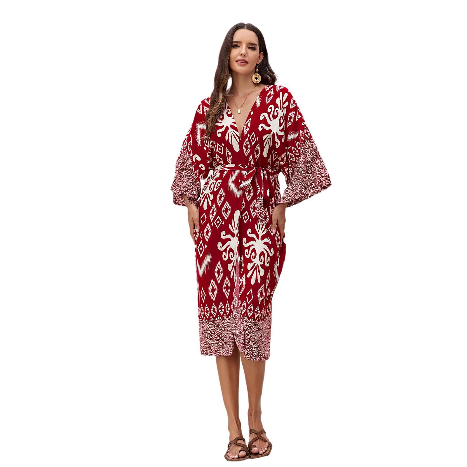 Traje de baño tipo kimono de manga larga para mujer, estampado geométrico, frente abierto, holgado, chal, vestido de playa con cinturón