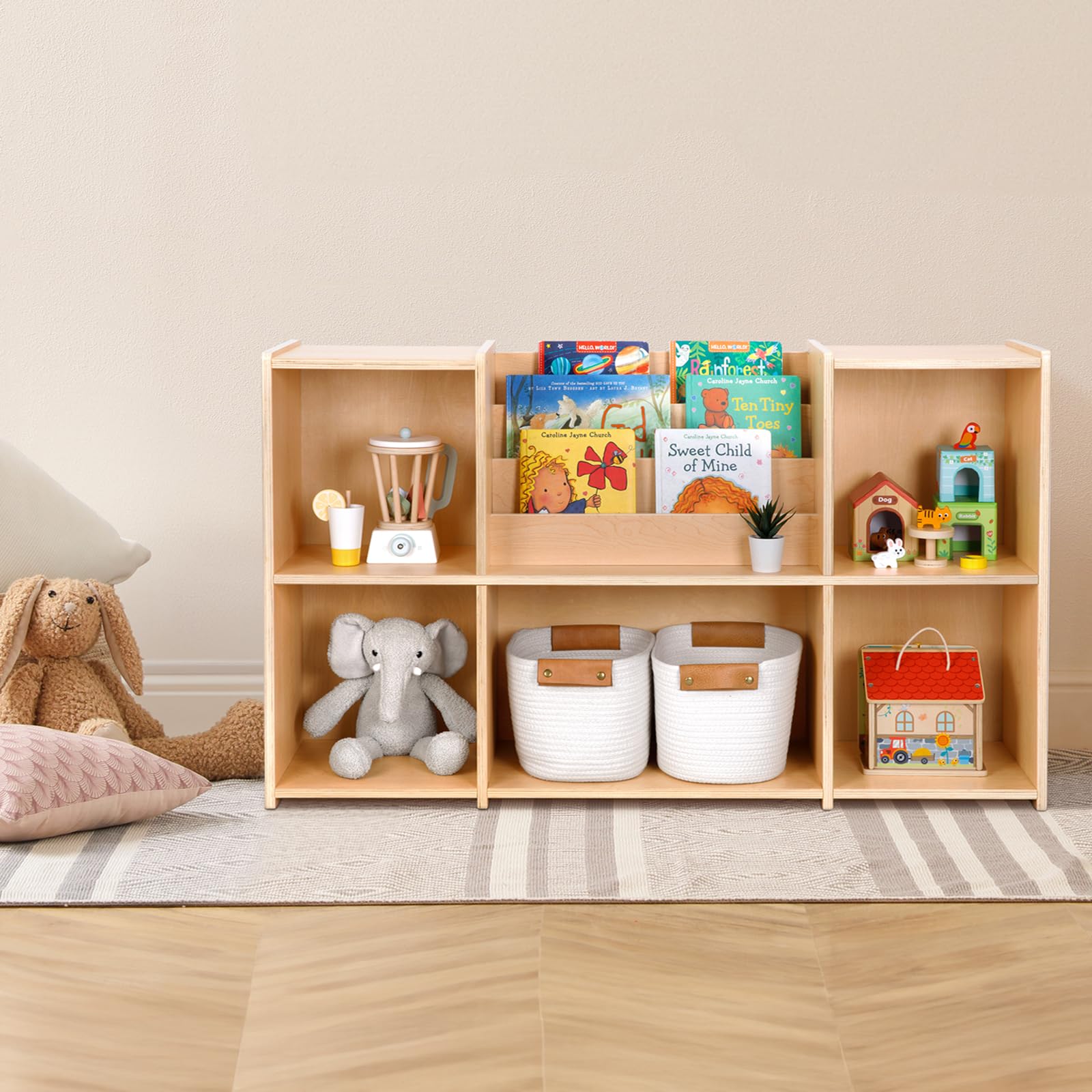 OOOK Étagère à Livres Rangement de Jouets, 2 étagères Horizontales 5 Compartiments, idéal pour Salle de Jeu, Classe d'enfants et garderie