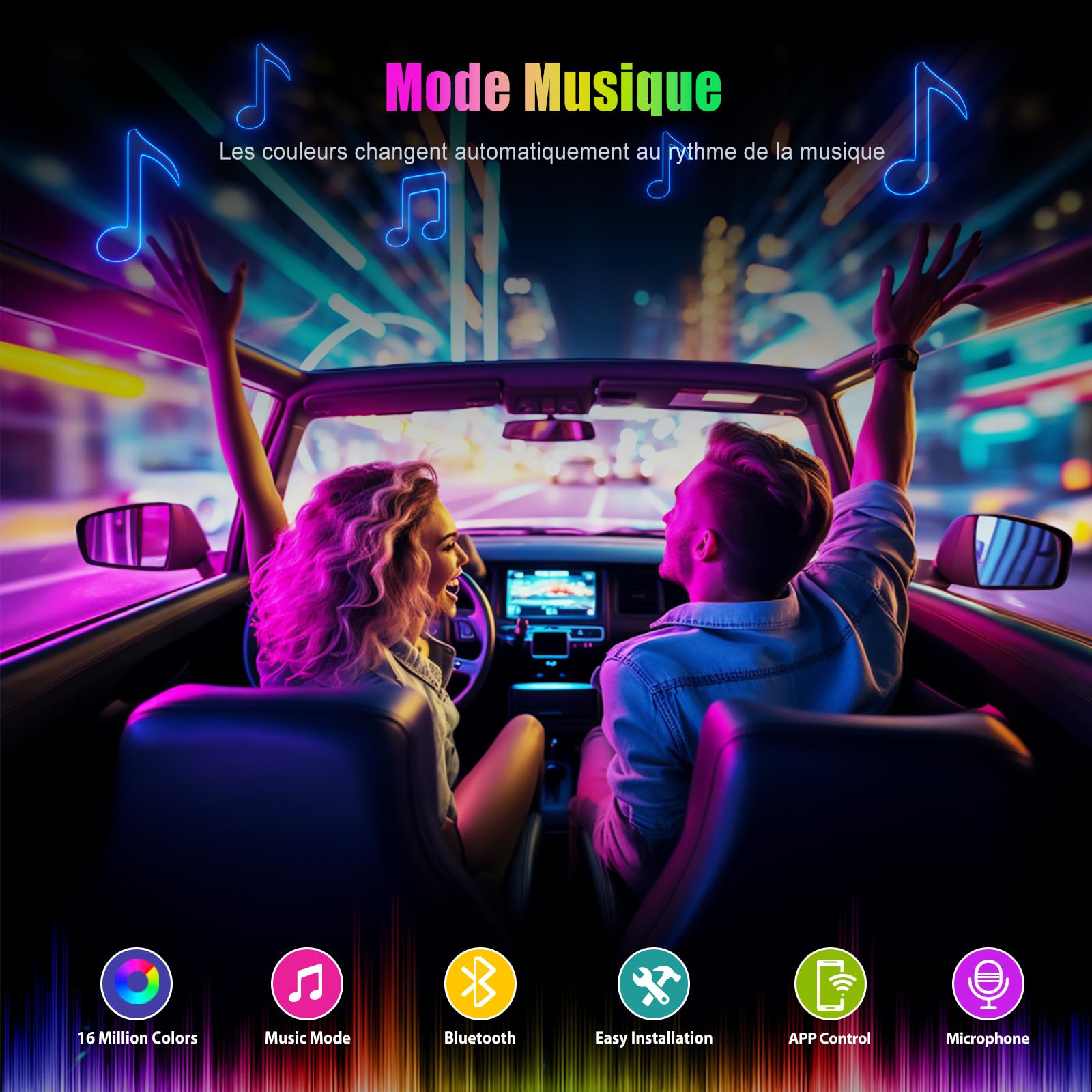 Kit Luci LED Interni Auto Yilaie - 16 Milioni Colori, Controlle APP, Modalità Musica, Ricarica USB - Foto 6
