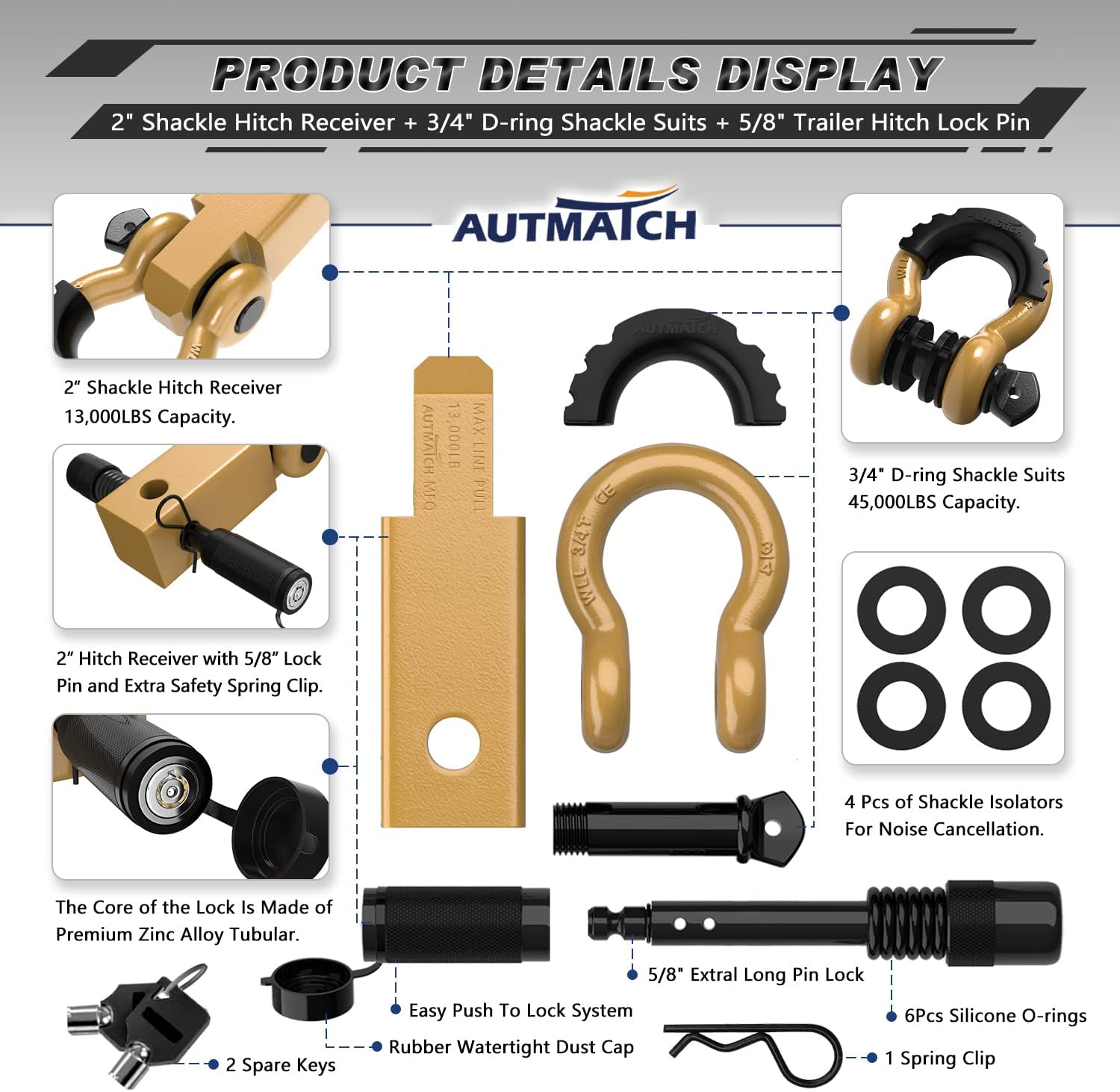 AUTMATCH Shackle Hitch Receiver 2 Inch - 3/4" D Ring Shackle with 5/8" Trailer Hitch Lock Pin, 45,000 Lbs Break Strength Heavy Duty Receiver Towing Kit for Off-Road Vehicle Recovery, Gold