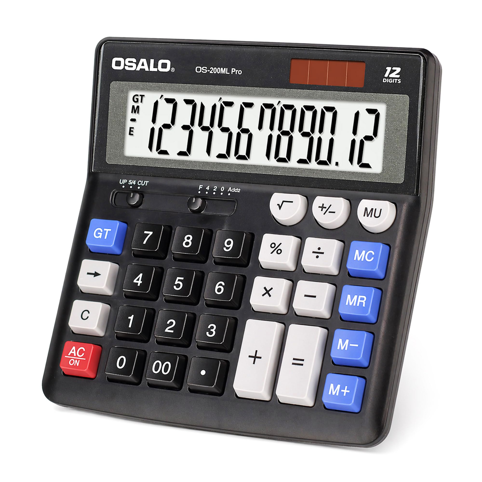 OSALO Calculatrice de bureau extra large grand écran LCD 12 chiffres comptabilité bouton réponse géant batterie solaire