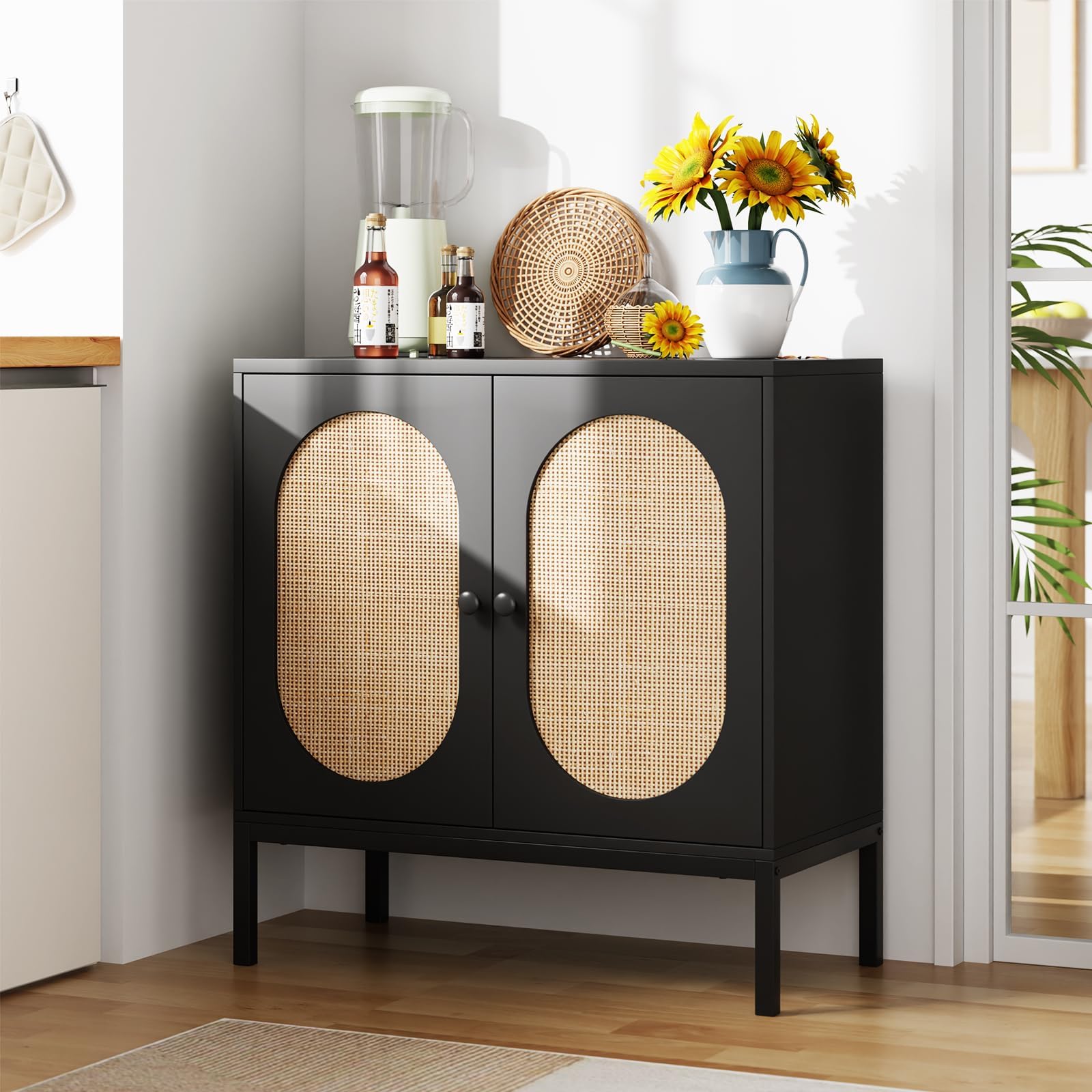Boho Rattan Sideboard Buffet Cabinet – Double-Layer Wood Storage, Doors and Shelves, Accent Console for Entryway, Living Room, Dining Room, Kitchen, Plain Metal Feet, Black, 31.5 x 15.7 x 32.6in