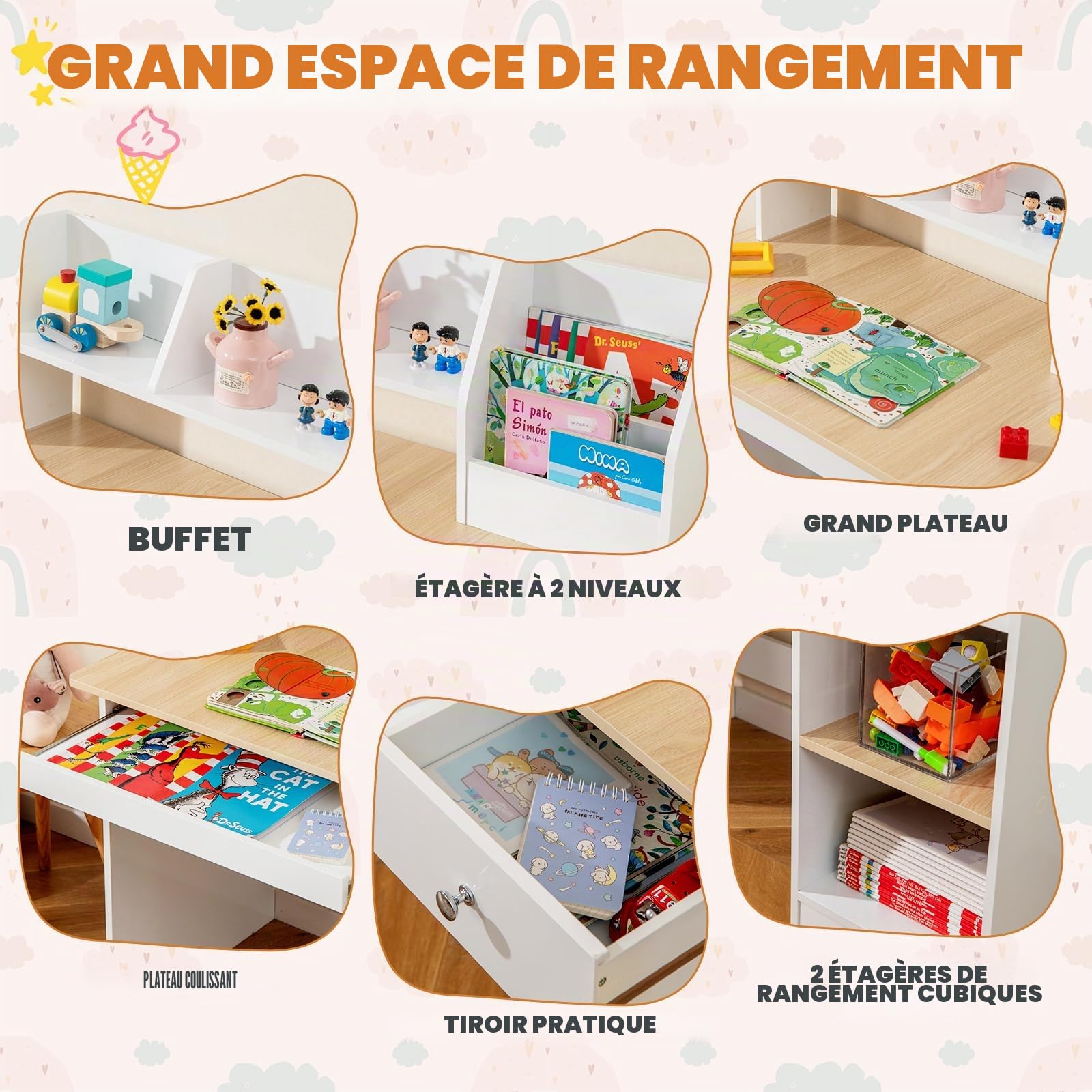 GOPLUS Table Enfant, Bureau Enfant en Bois avec Tiroir, 2 Étagères, Plateau à Clavier, 3 en 1 Bureau pour Fille Garcon avec Dispositif Anti-basculement, Naturel, 90X45X90CM