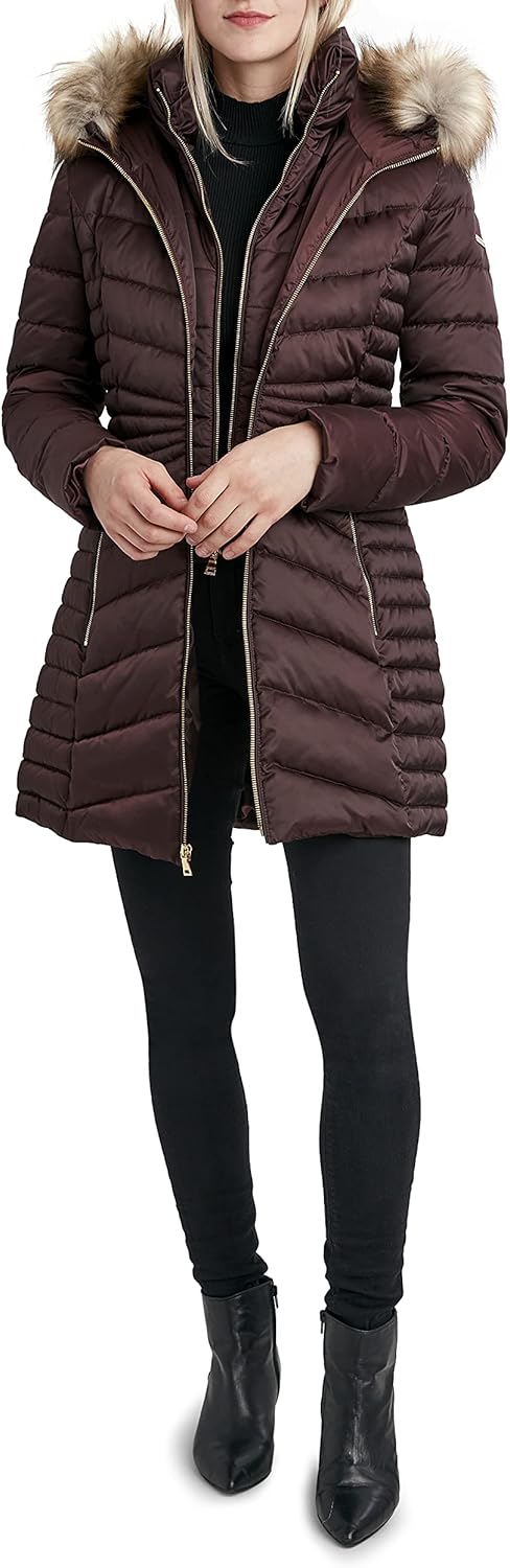 Laundry by Shelli Segal womens Quilted Puffer Flare Jacket– Winter Coat With Faux Fur Bib Collar & Hood - Image 2