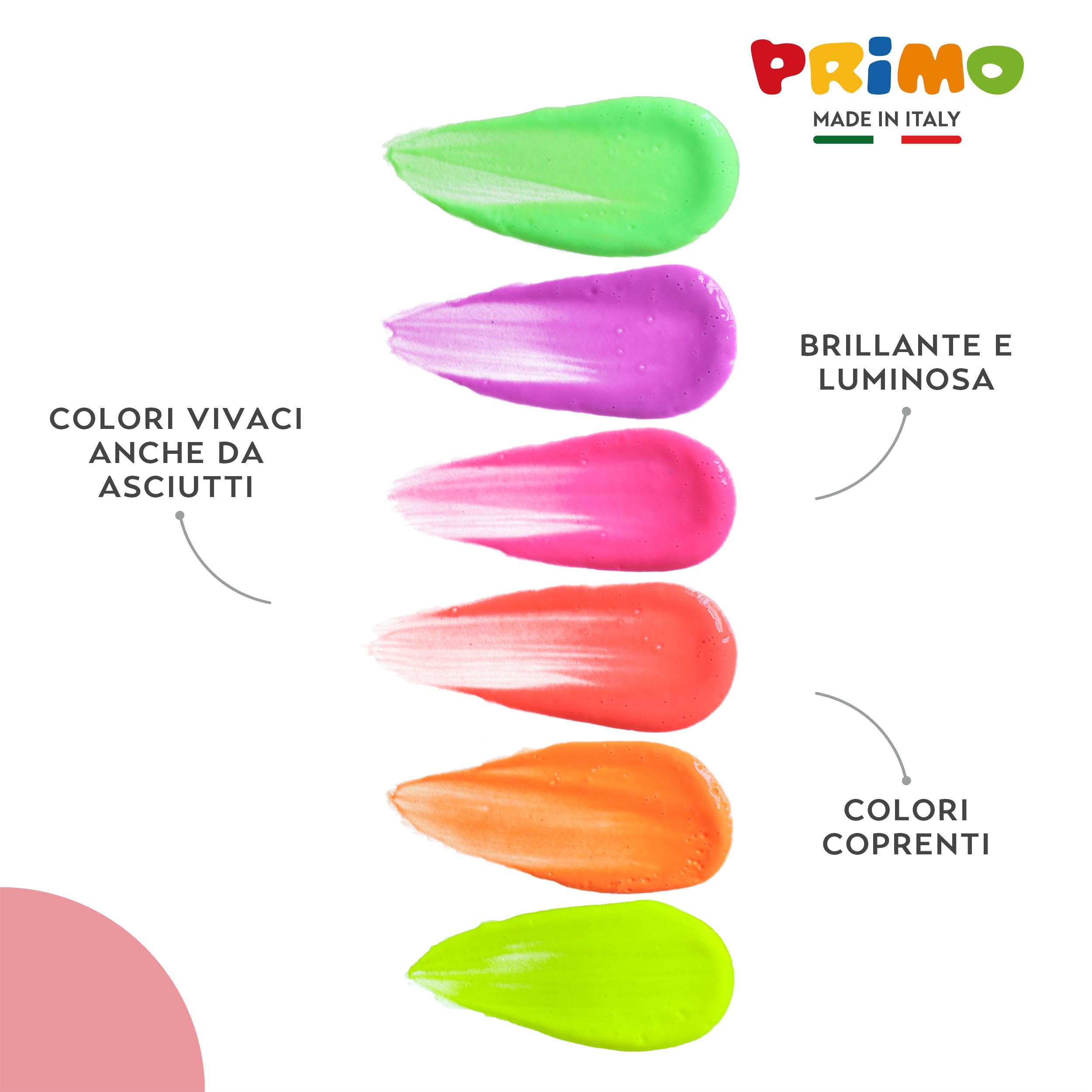 PRIMO - Valigetta Colori per Bambini +2 Anni Prima Infanzia, Tempere per Dipingere a Dita 100g 6 Colori Fluo per Carta Vetro, Tempera Pittura Cartoleria e Lavoretti Creativi Dermatologicamente Testata