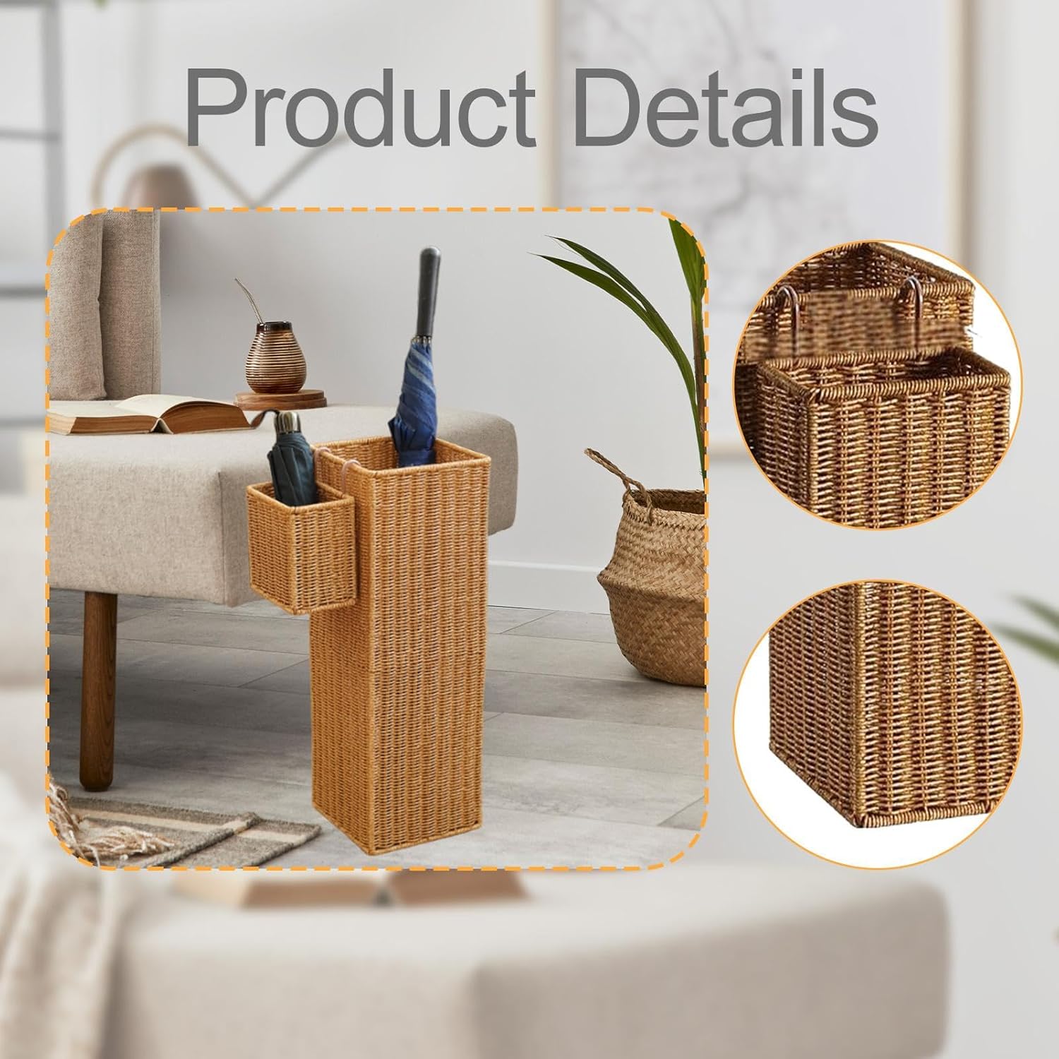 Umbrella Stand Rack with A Small Hanging Basket Storage Container Imitation Rattan for Hotel Entryway Guesthouse Household, 20x20x58 cm