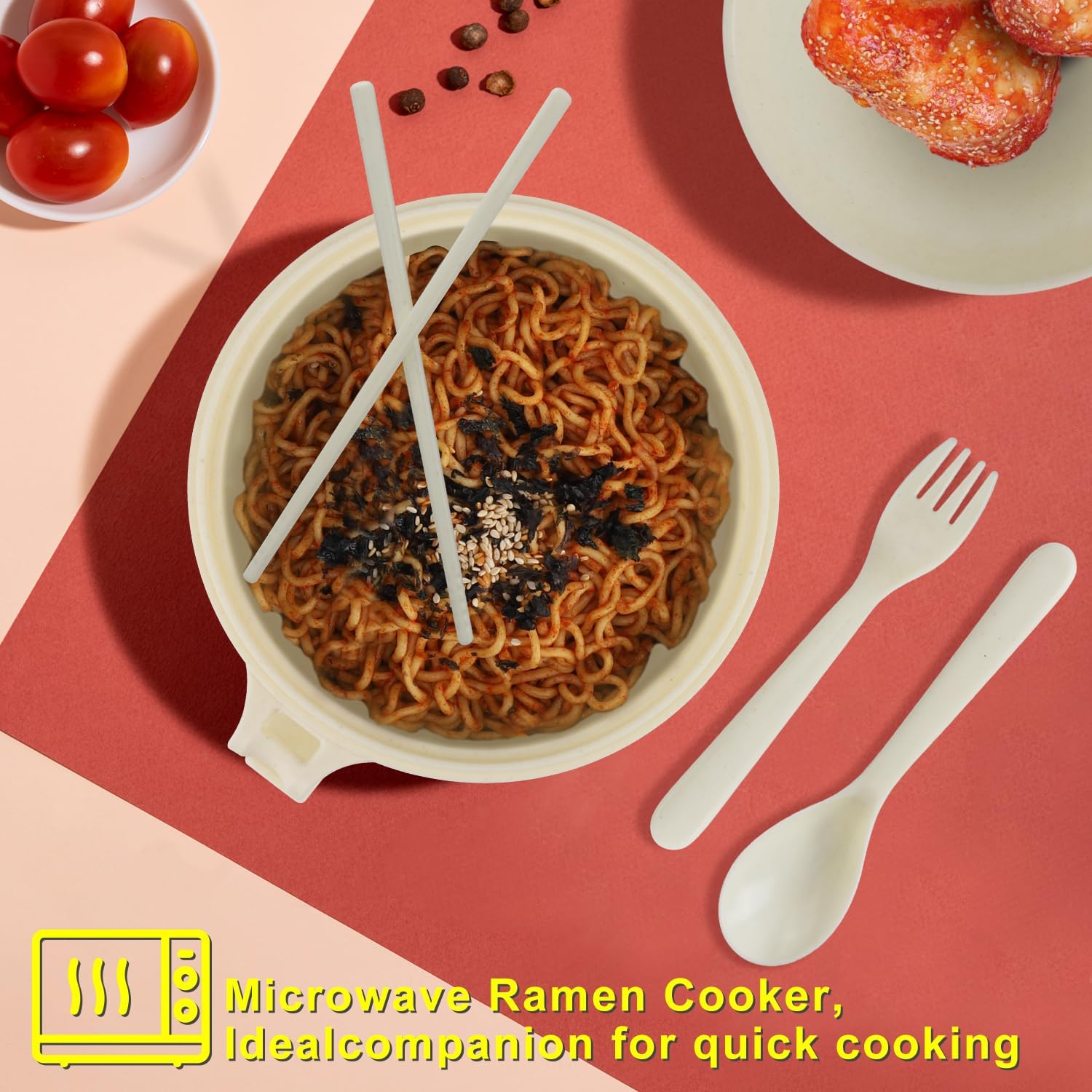 Ramen Bowl Set, Ramen Cooker 33 oz, Ramen Bowls with Chopsticks and Spoon, Microwave Pasta Cooker, College Dorm Essentials for Girls Guys (White) image 3