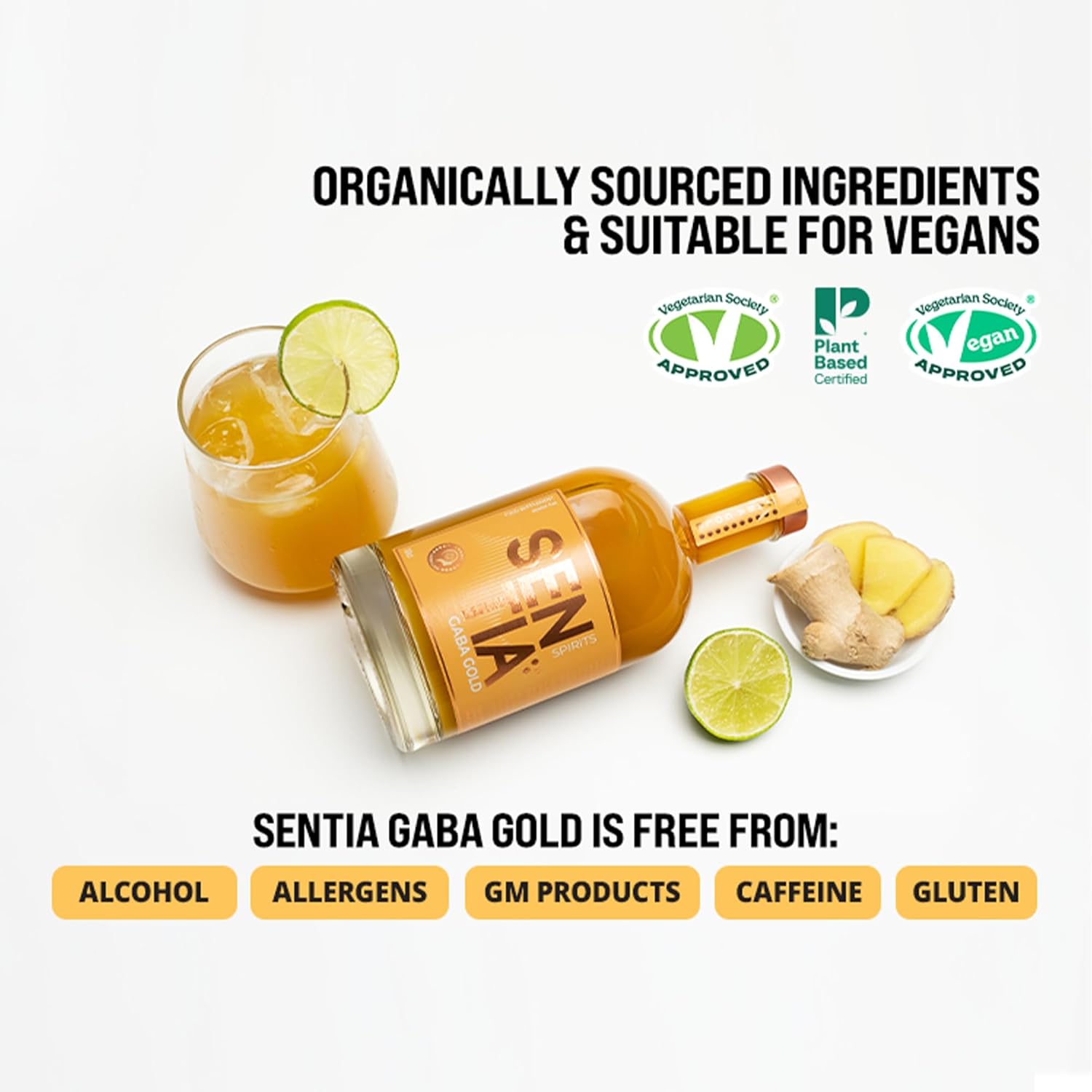 Sentia Spirits Gaba Gold, Botanical Alcohol Free, Drink , Award Winning, Vegan, Gluten Free and GM Free, Zero Proof, Citrus Ginger Taste Up to 20 Drinks, 16.9 fl oz (500ml), Mix with Lemonade or your favourite mixer