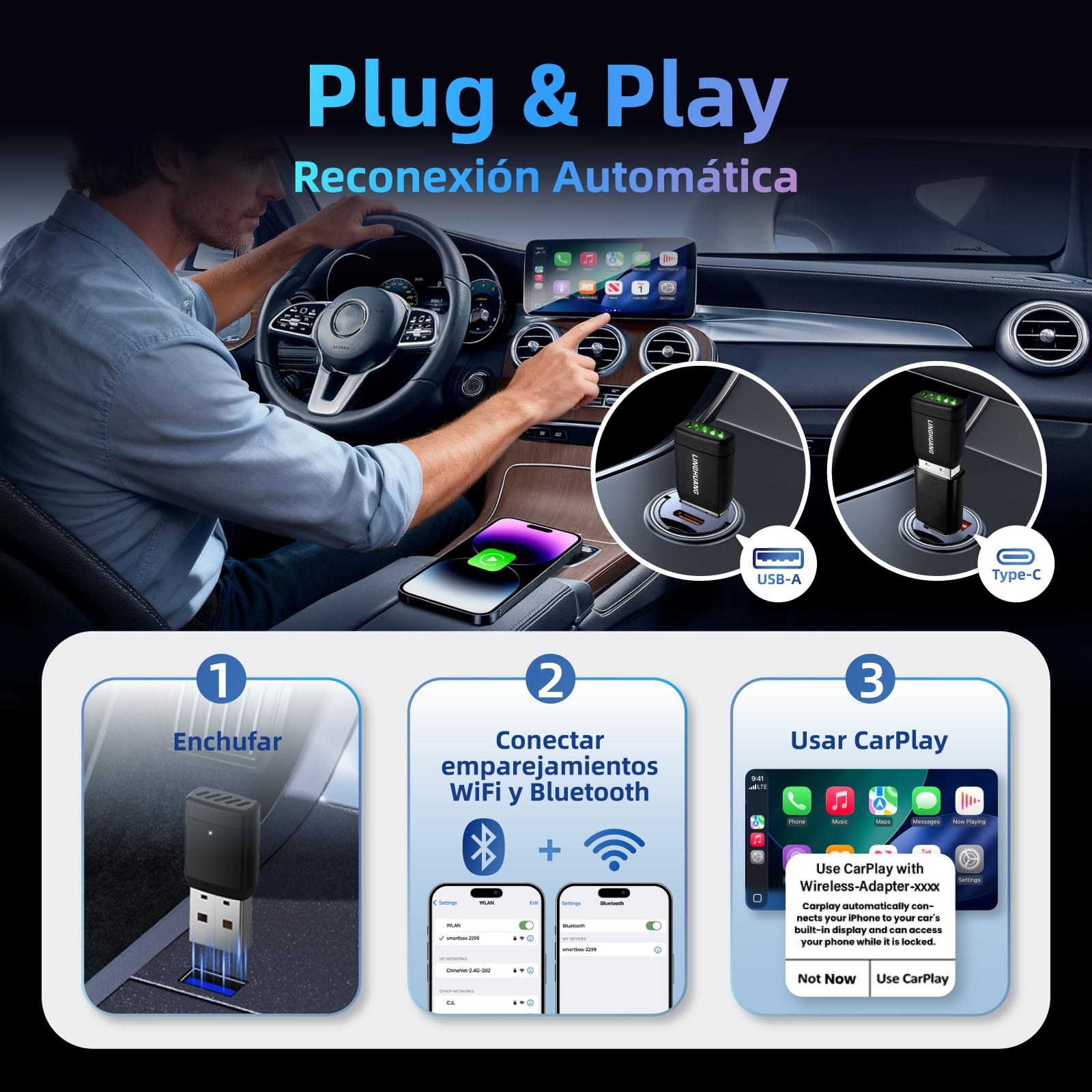 LINGHUANG Adaptador Carplay Inalambrico & Mini Adaptador Android Auto Inalambrico, Convierte de Cableado a Inalámbrico, Plug & Play, Conexión Rápida y Estable, Compatible con iOS 10+ & Android 11+