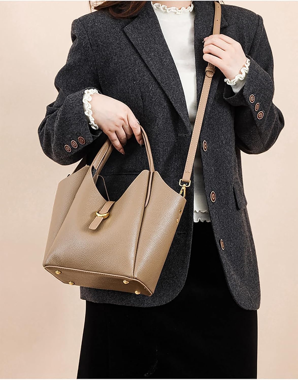 Eiyye Genuine Leather Bucket Bag for Women Bucket Purse Handbag Casual Shoulder Crossbody Bag for Work Travel Shopping