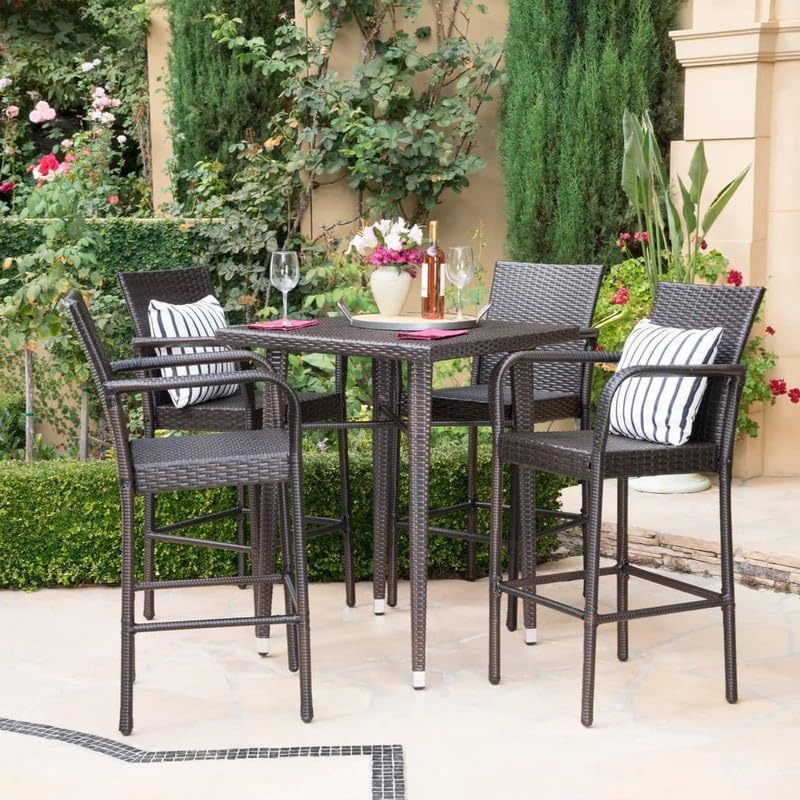 Image of OUTLIVING Patio Counter Height Rattan Wicker Bar Set with Square Table and 4 Bar Stools | Multipurpose 4 Seater Outdoor Furniture for Backyard, Garden, Balcony, Poolside, Porch, and Courtyard (Brown)