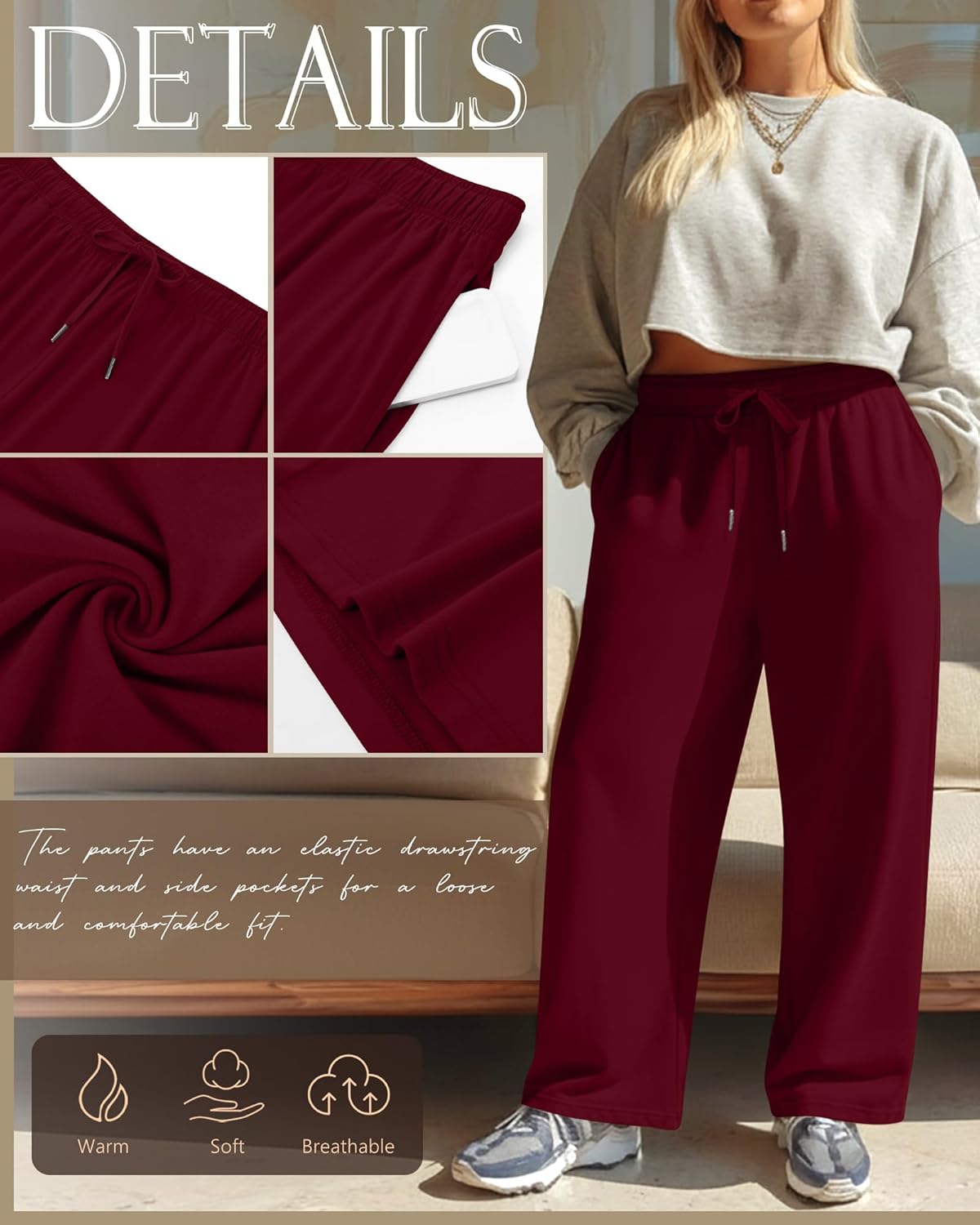 Huukeay 3 Pack Women Plus Size Pants, Straight Wide Leg Lounge Pants Elastic Fall Drawstring Casual Loose Trouser with Pocket - Image 3