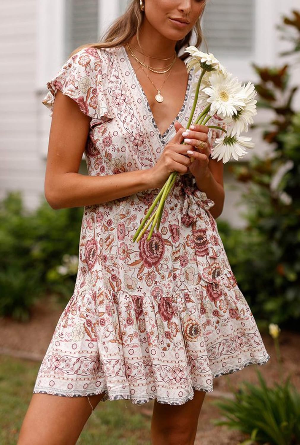 R.Vivimos Women Summer Short Sleeve Casual Bohemian Beach Ruffle Floral Print Bow Tie Short Sun Dress - Image 4