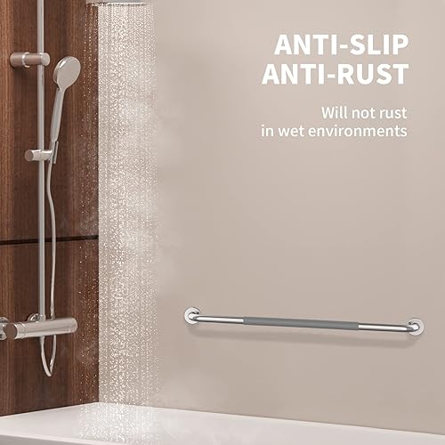 Miniatura 5 de Munzong - Barra de agarre para ducha de 32 pulgadas, 2 unidades, barra de agarre de baño de acero inoxidable cromado con agarre de goma gris