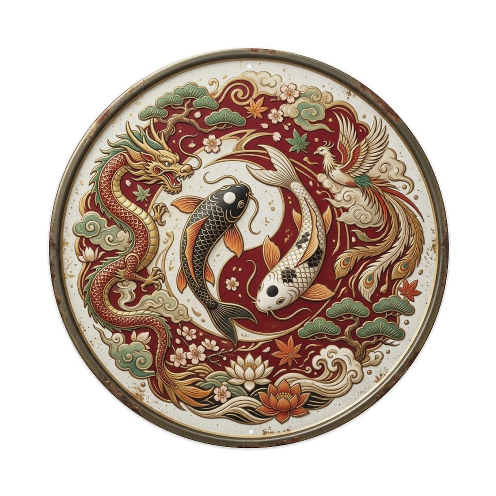 Dragon Phoenix Union Koi Fish Vintage Metal Tin Sign Plaque Wall Decor for Cafe, Club Bar, Office, Garden Metal Poster 8x8Inch