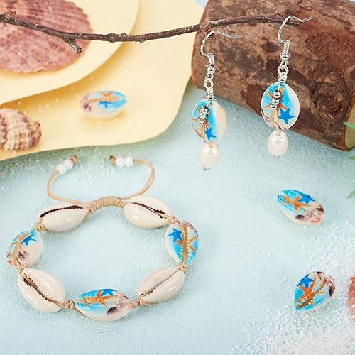 Miniatura 4 de Cheriswelry 10 cuentas de concha de cauri impresas con estrellas de mar sin perforar, dijes de conchas de océano, verano, playa, cuentas