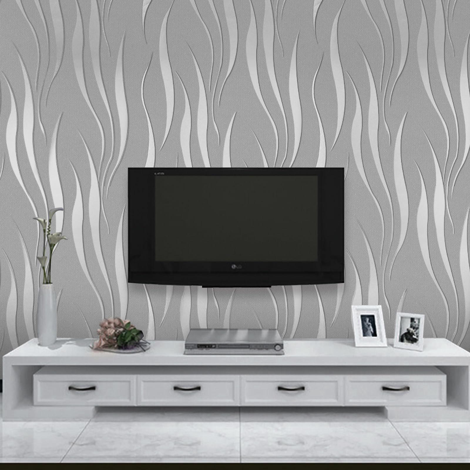 Trafagala Embossed Wallpaper Non-Woven Wave Stripes Roll 3D Silver Glitter Wallpaper Feature Modern Geometric Patterned Taupe for Livingroom Bedroom Kitchen