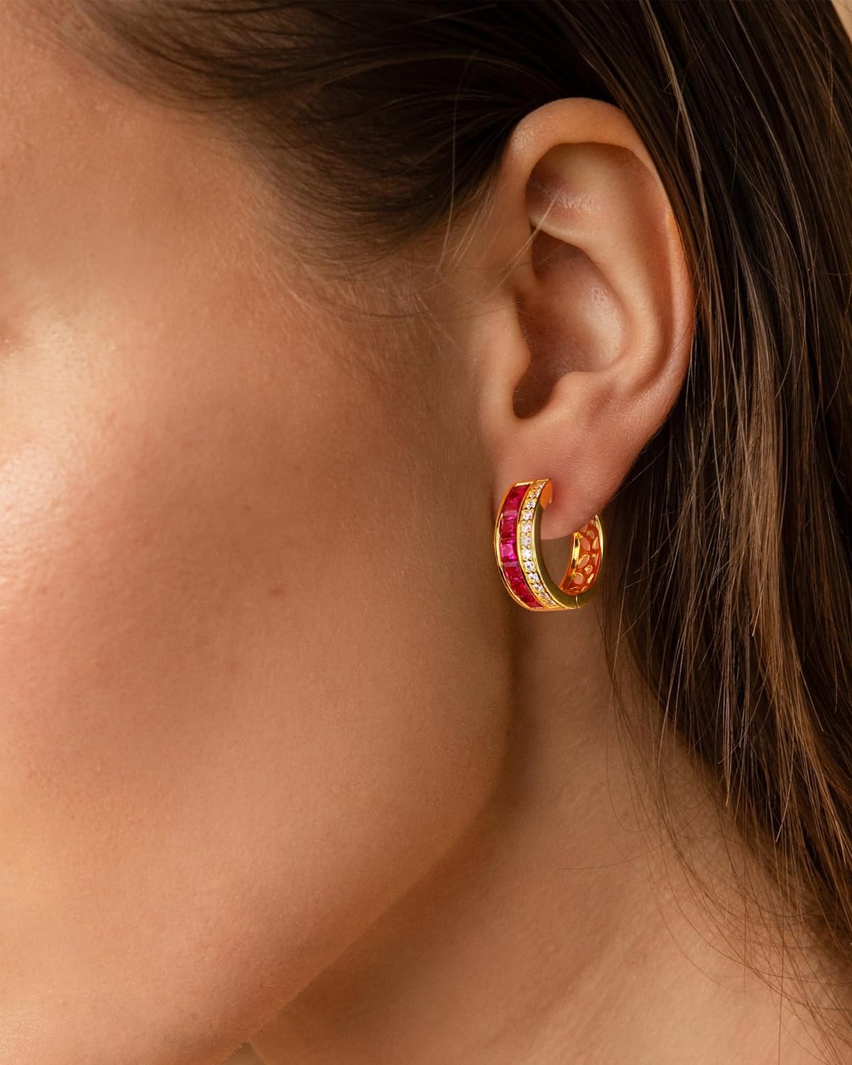 Emerald Cut Moissanite/Created Gemstone Hoop Earrings for Women 14K Gold Plated/925 Sterling Silver 15mm/21mm Huggie Hoops Anniversary Valentine's Day Christmas Jewelry(with Box) - Image 5