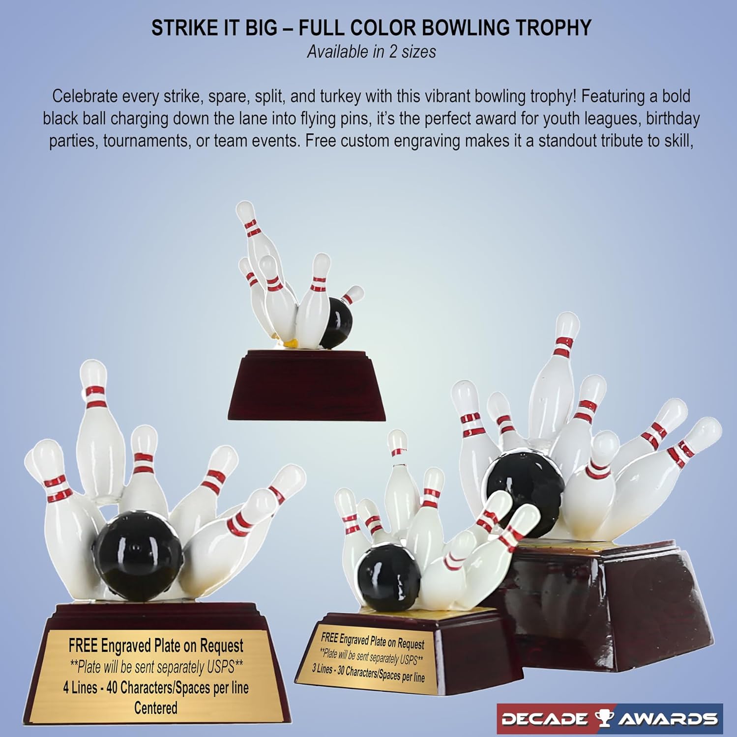 Decade Awards Bowling Pins Trophy - 4 or 6 Inch | Bowling Strike Award - Engraved Plate on Request
