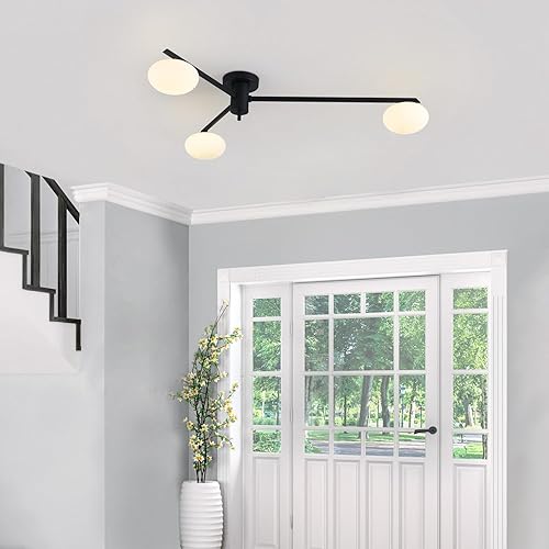 Miniatura 8 de Lámpara de araña Sputnik moderna de 3 luces con pantalla de vidrio de leche, lámpara de techo empotrada negra para cocina