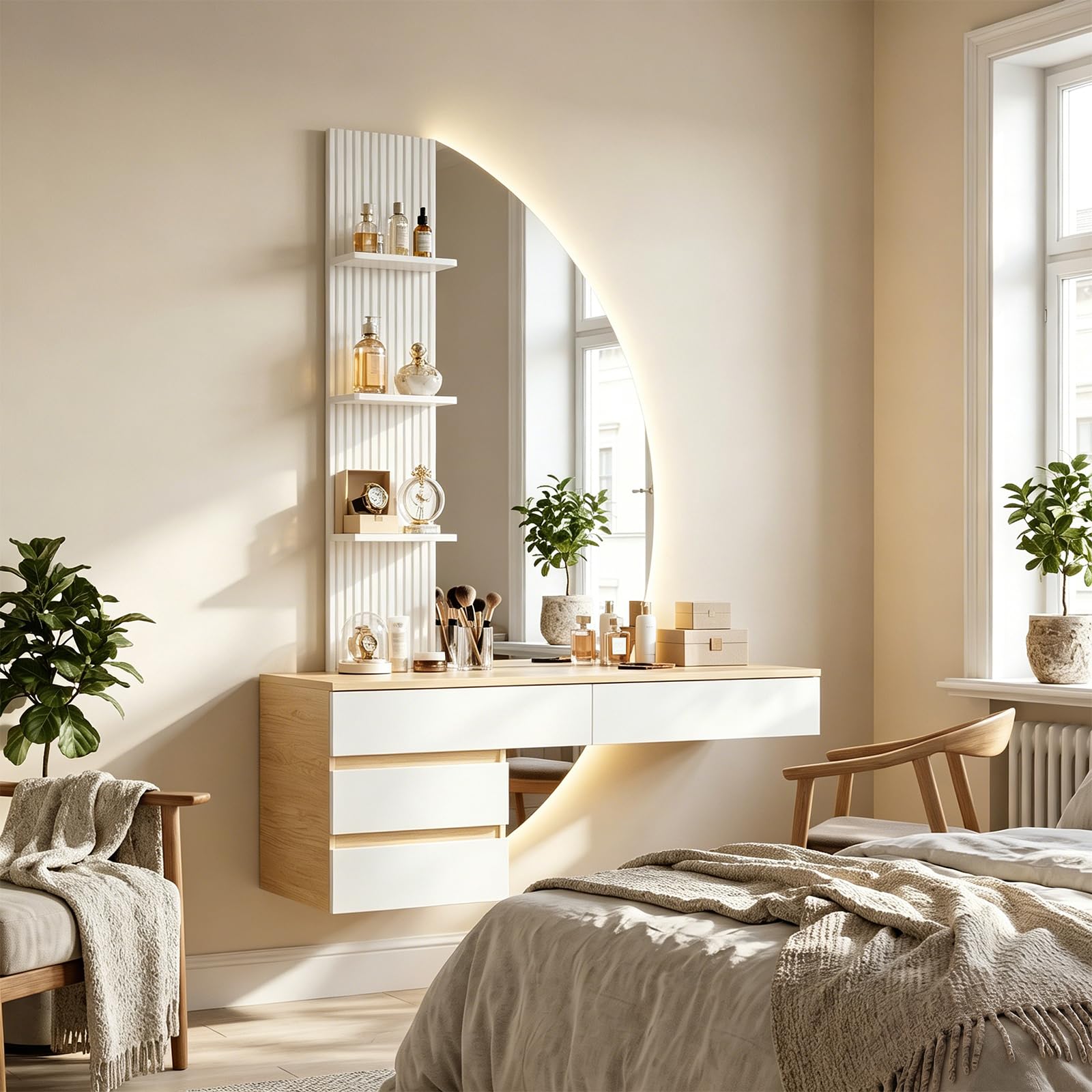 TRIUMPHKEY Tocador de Pared con Espejo en Forma de Media Luna y Luz LED Regulable, Mesa de Maquillaje Flotante con 4 Cajones y 3 Estantes, Tocador Moderno de Ahorro de Espacio para Dormitorio (Blanco)