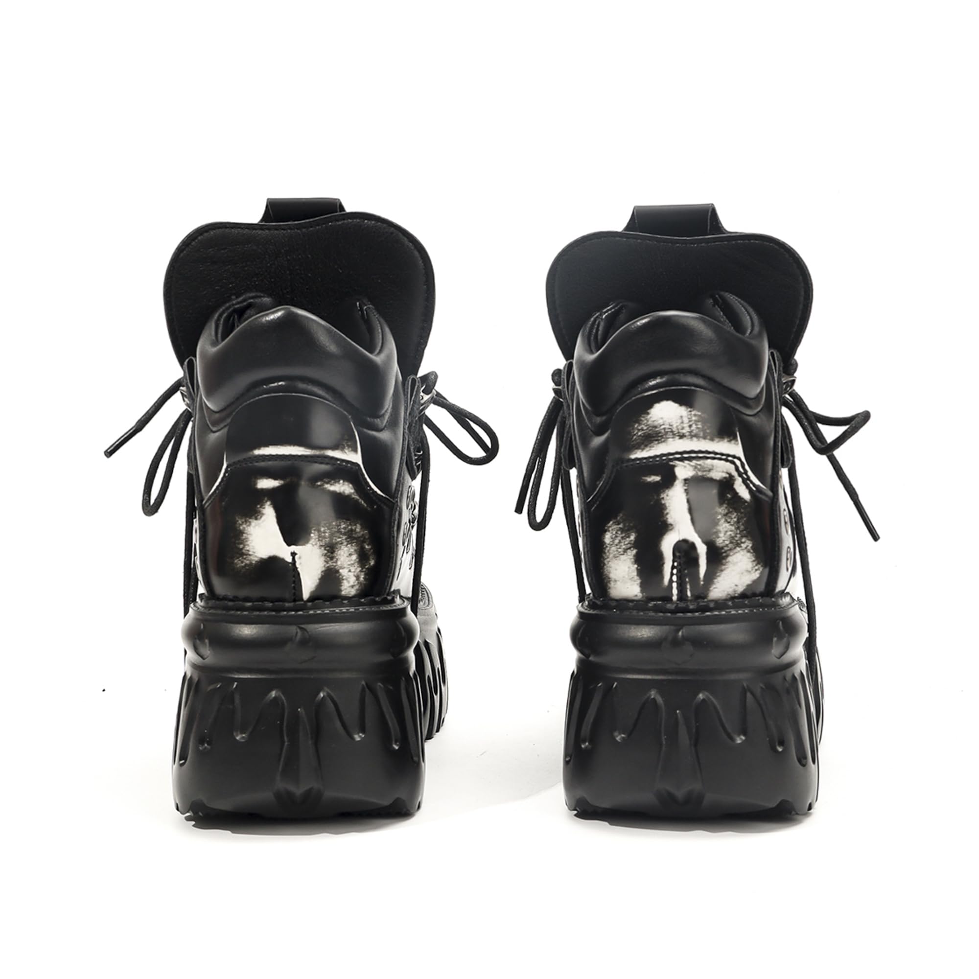 Stivali con Plateau Gotici da Donna, Scarpe Stile Punk Rock Heavy Metal Stivaletti Stringati Chunky con Design a Fiamma e Dettagli in Metallo