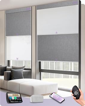 Graywind Motorized Dual Shades for Windows Smart Double Blinds Blackout and Light Filtering Motorized Blinds with Remote Alexa Google Control Day Night Shades, Custom Size Blackout Light Grey