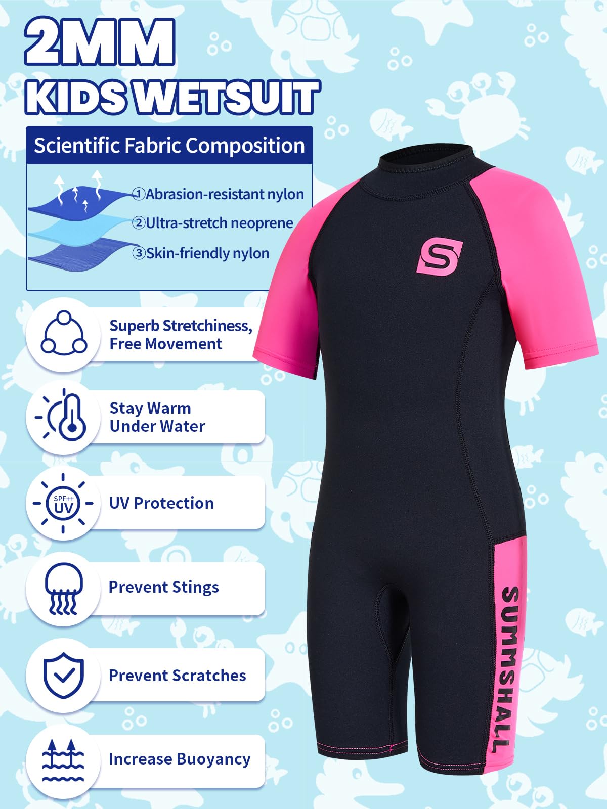 Muta per bambini da 2 mm, in neoprene, termica, per ragazzi e ragazze, protezione solare UV50+, morbida ed elastica per nuoto, snorkeling e giochi in spiaggia