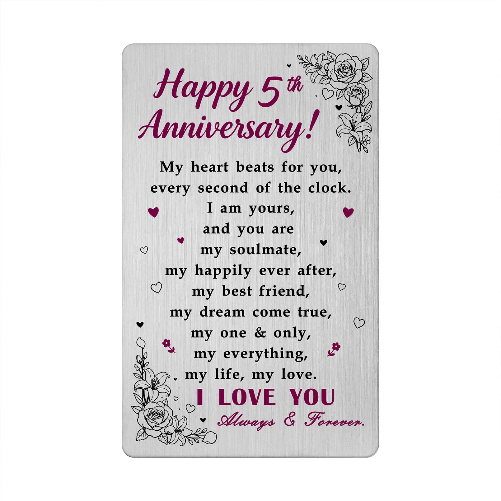 5th Anniversary Card gifts for Him Husband, 5 Year Wedding Anniversary Card Gifts for Husband couple, Metal Engraved Wallet Card